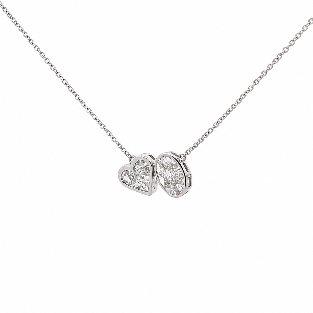 14K Solid White Gold Chain with Oval and Heart shape Baguette Diamond Pendant