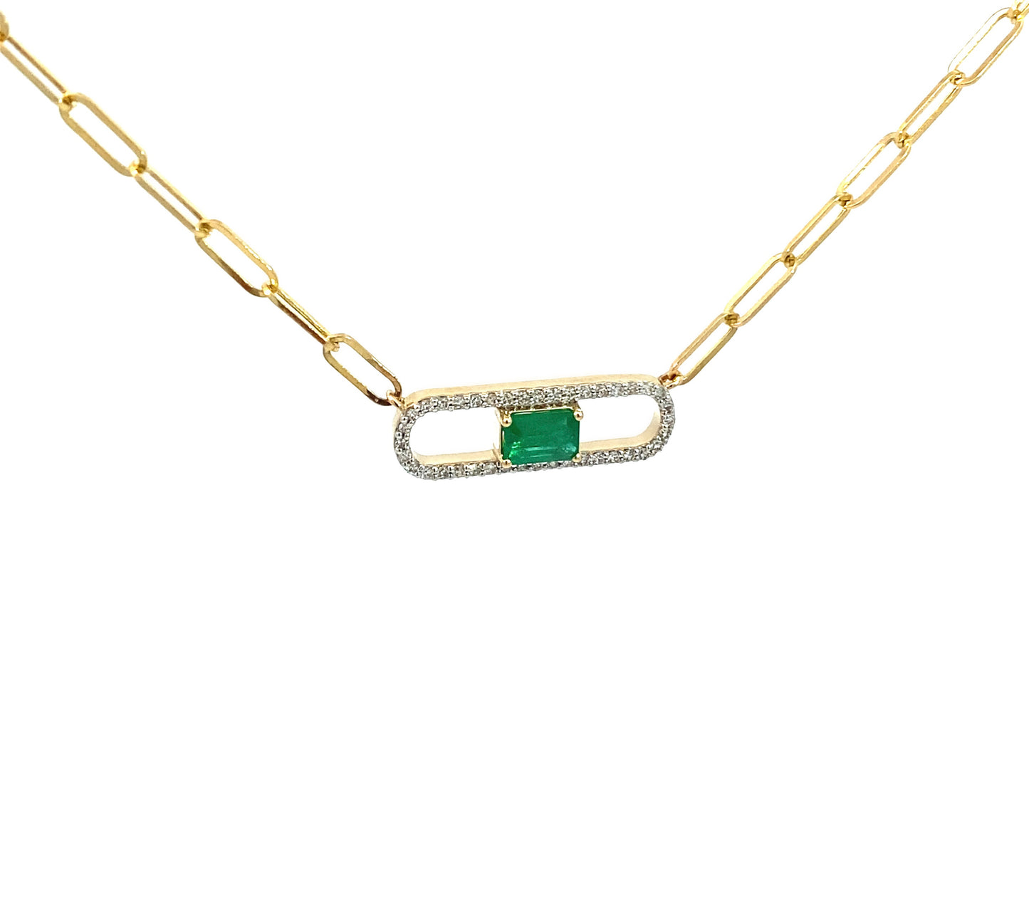 14K Solid Yellow Gold necklace with a green Emerald and diamond gemstone pendant on a white background. Trendy 14K yellow gold Paperclip necklace. 