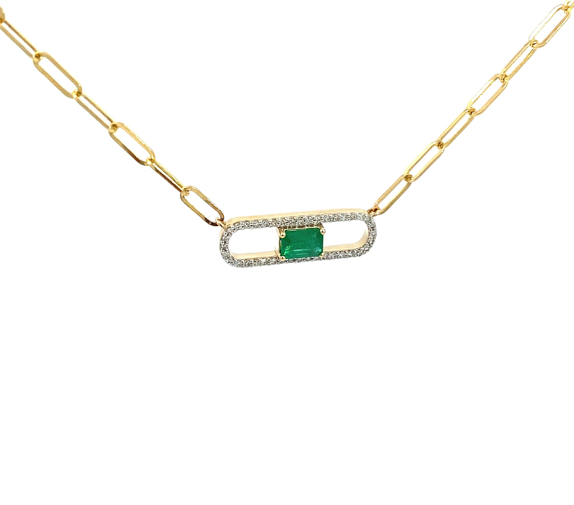 14K Solid Yellow Gold necklace with a green Emerald and diamond gemstone pendant on a white background. Trendy 14K yellow gold Paperclip necklace. 
