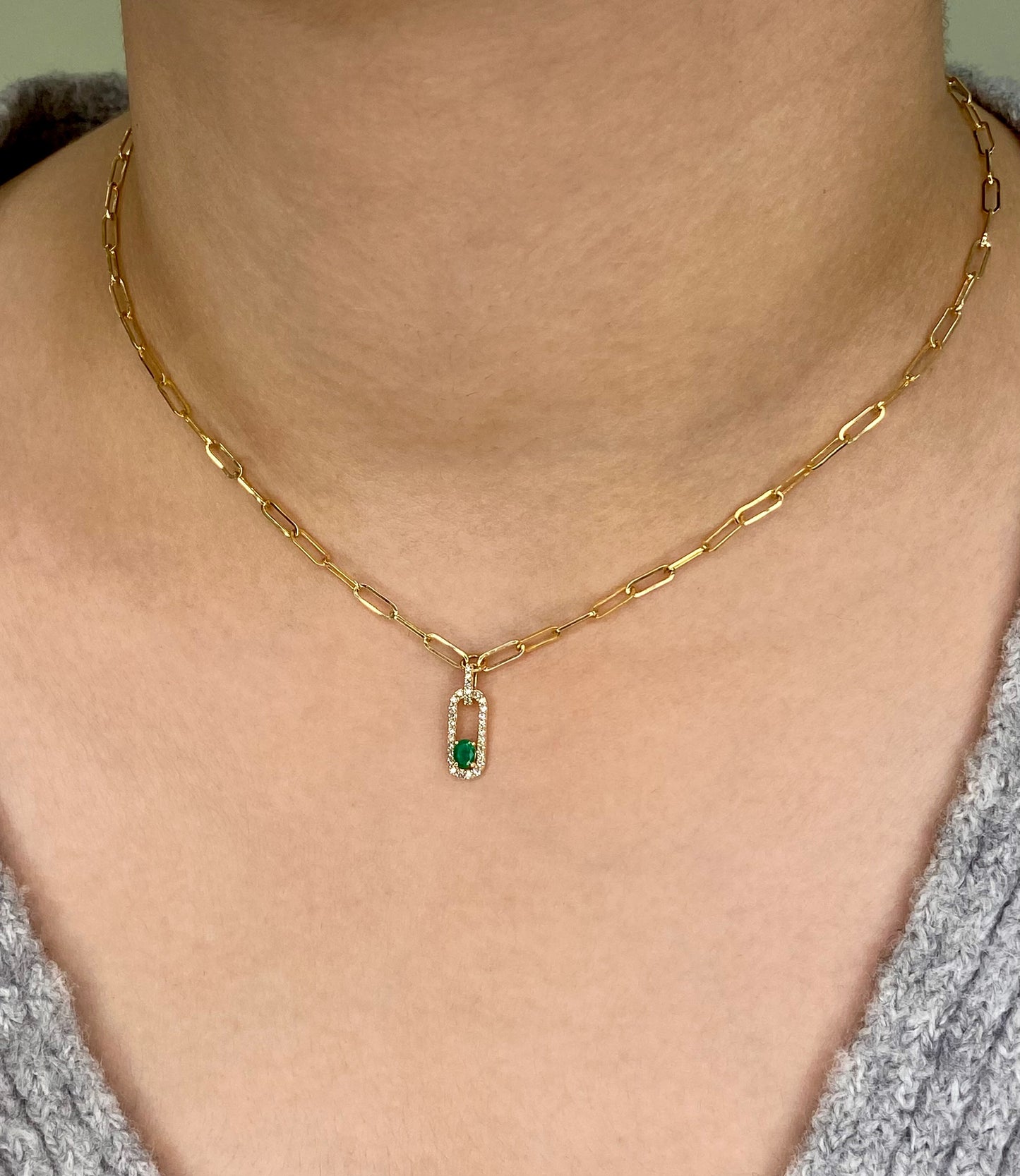 Trendy Diamond and Emerald Paperclip Necklace