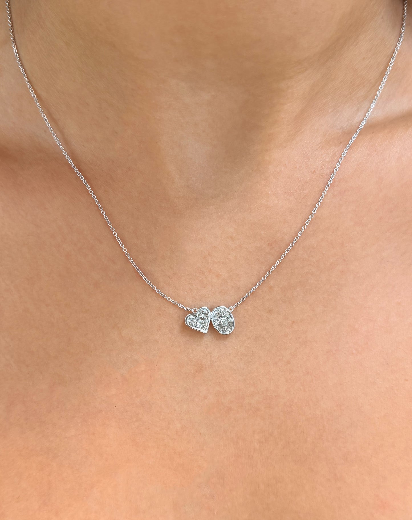 14K Solid White Gold Chain with Oval and Heart shape Baguette Diamond Pendant
