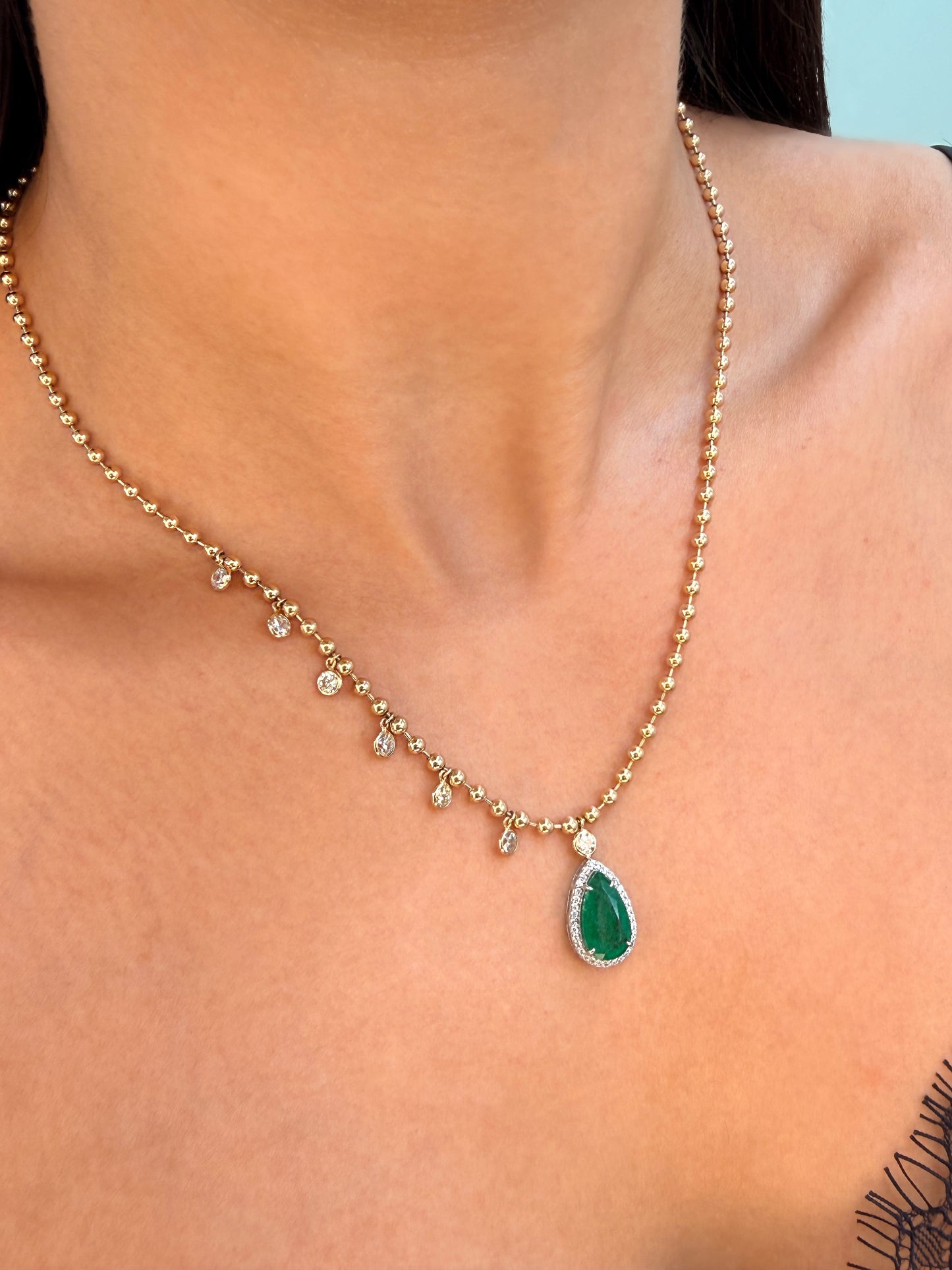 14K Solid Yellow Gold Beaded Chain with Pear Shaped Green Emerald and Dangling Diamonds