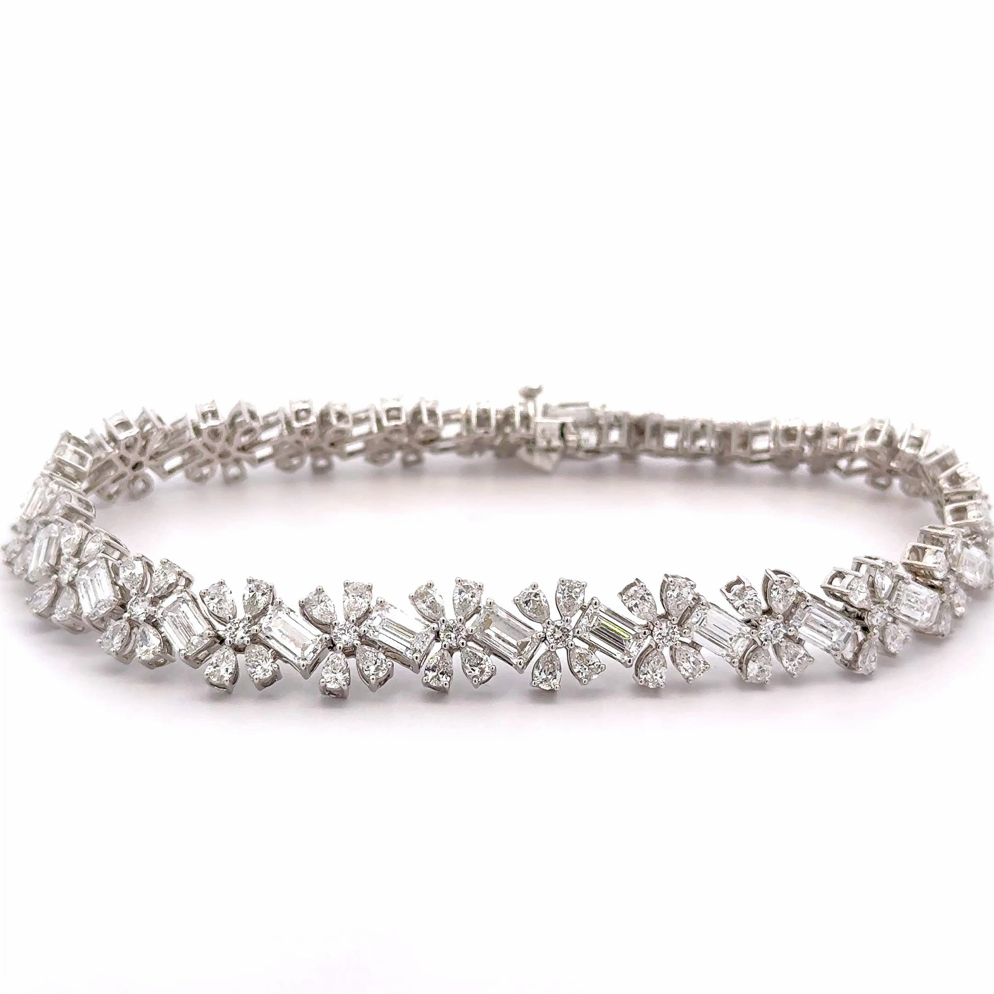 14K Solid White Gold Lab Grown Diamond Emerald Cut, Pear Shaped and Round Cluster Bracelet 