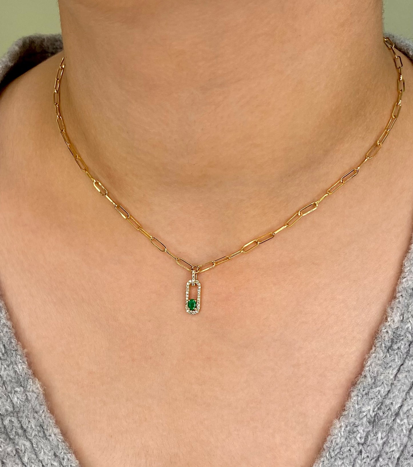 Trendy Diamond and Emerald Paperclip Necklace