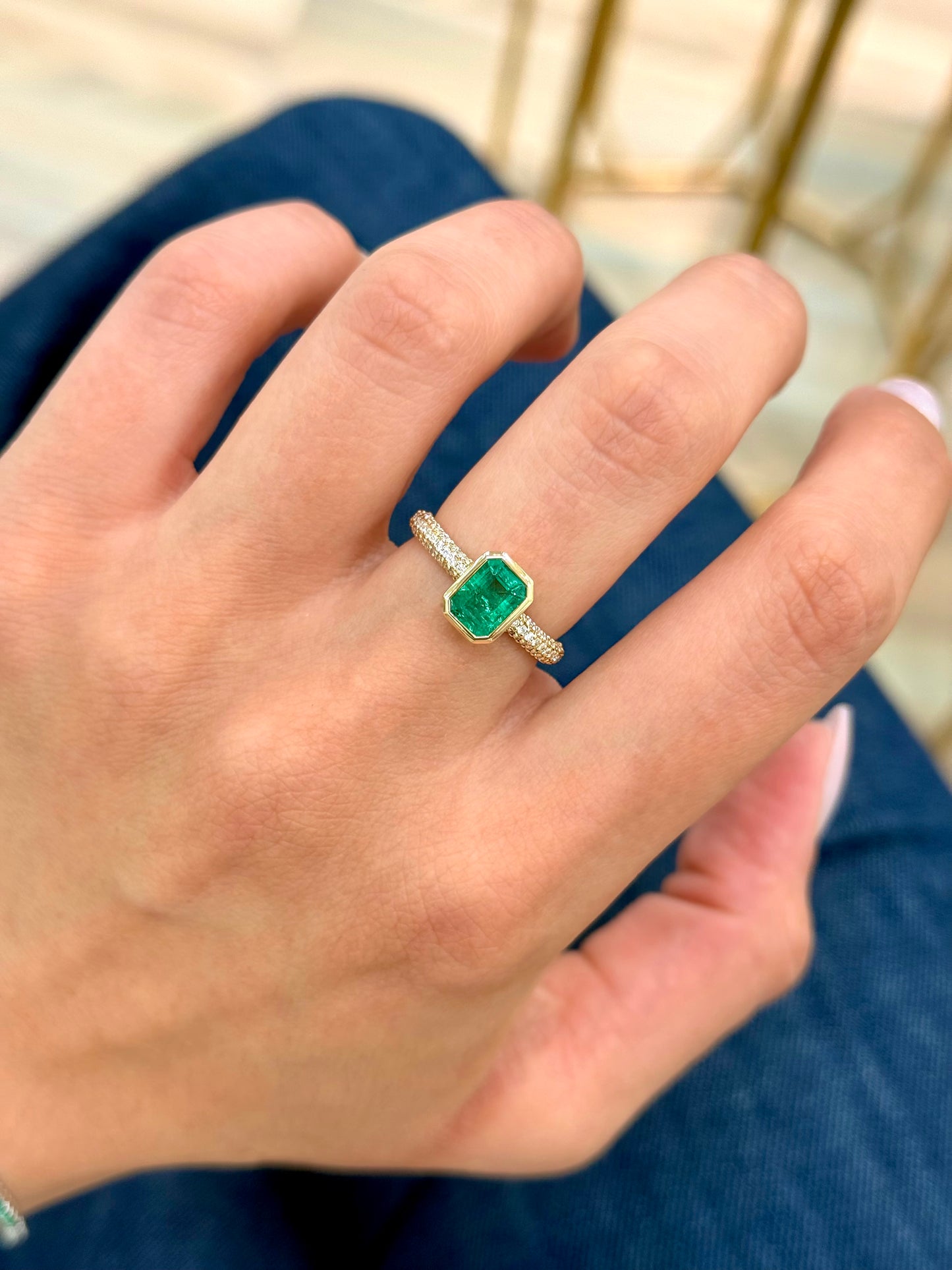 14K Solid Yellow Gold Green Emerald and Diamond Ring