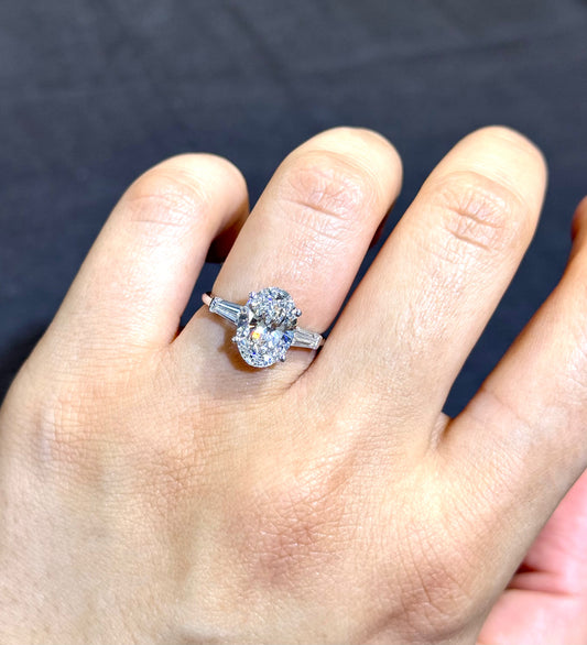 3.60CT Oval and Tapered Baguette IGI Certified Lab-Grown Diamond 3 Stone Engagement Ring. Proposal Ring. Bridal Ring. Lab Grown Engagement Ring. 