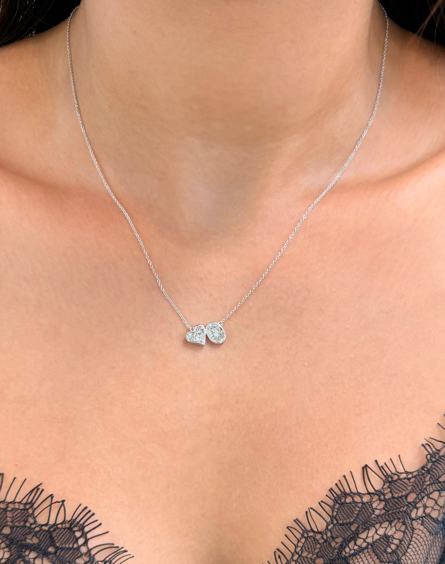 14K Solid White Gold Chain with Oval and Heart shape Baguette Diamond Pendant