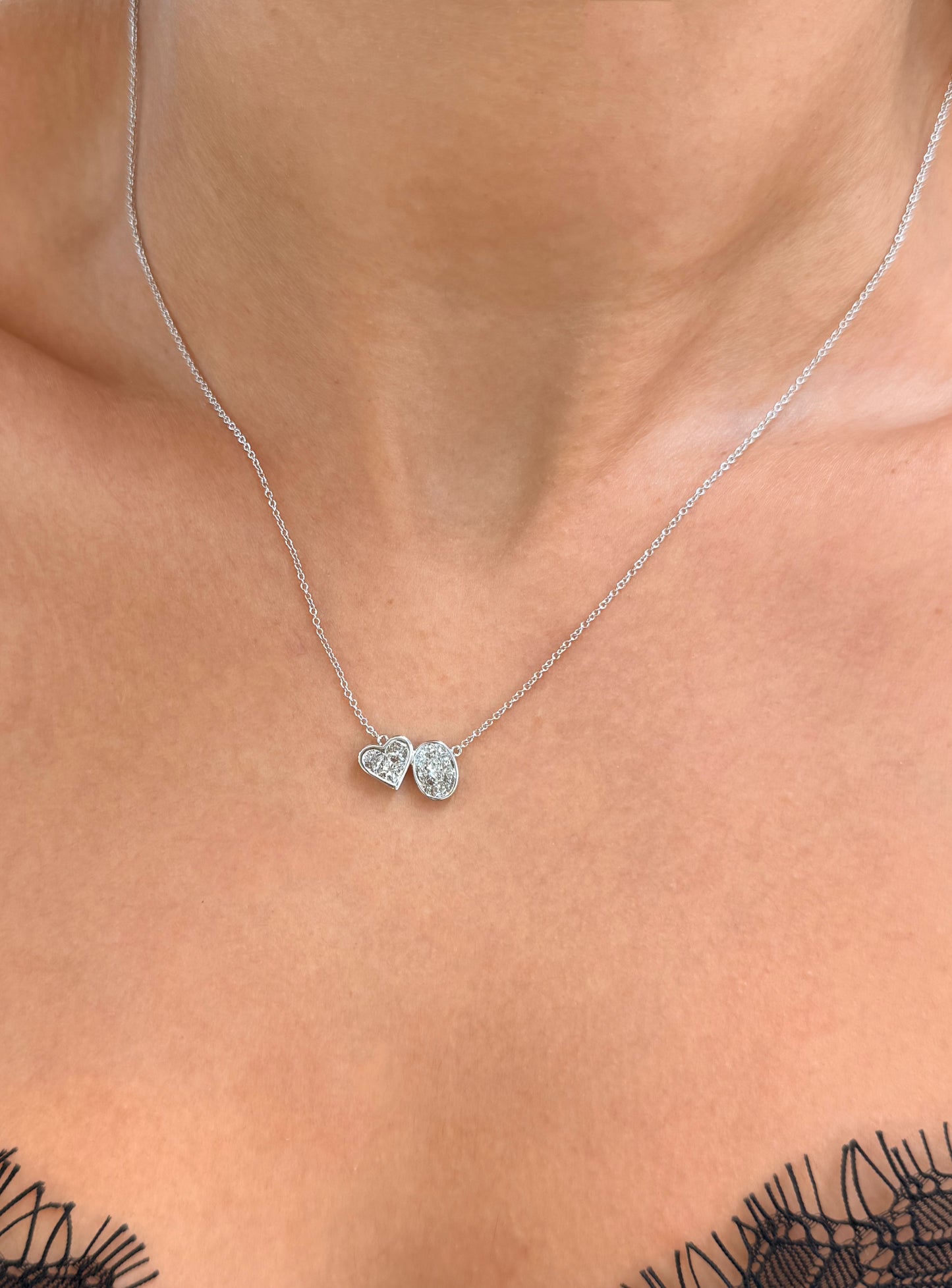 14K Solid White Gold Chain with Oval and Heart shape Baguette Diamond Pendant