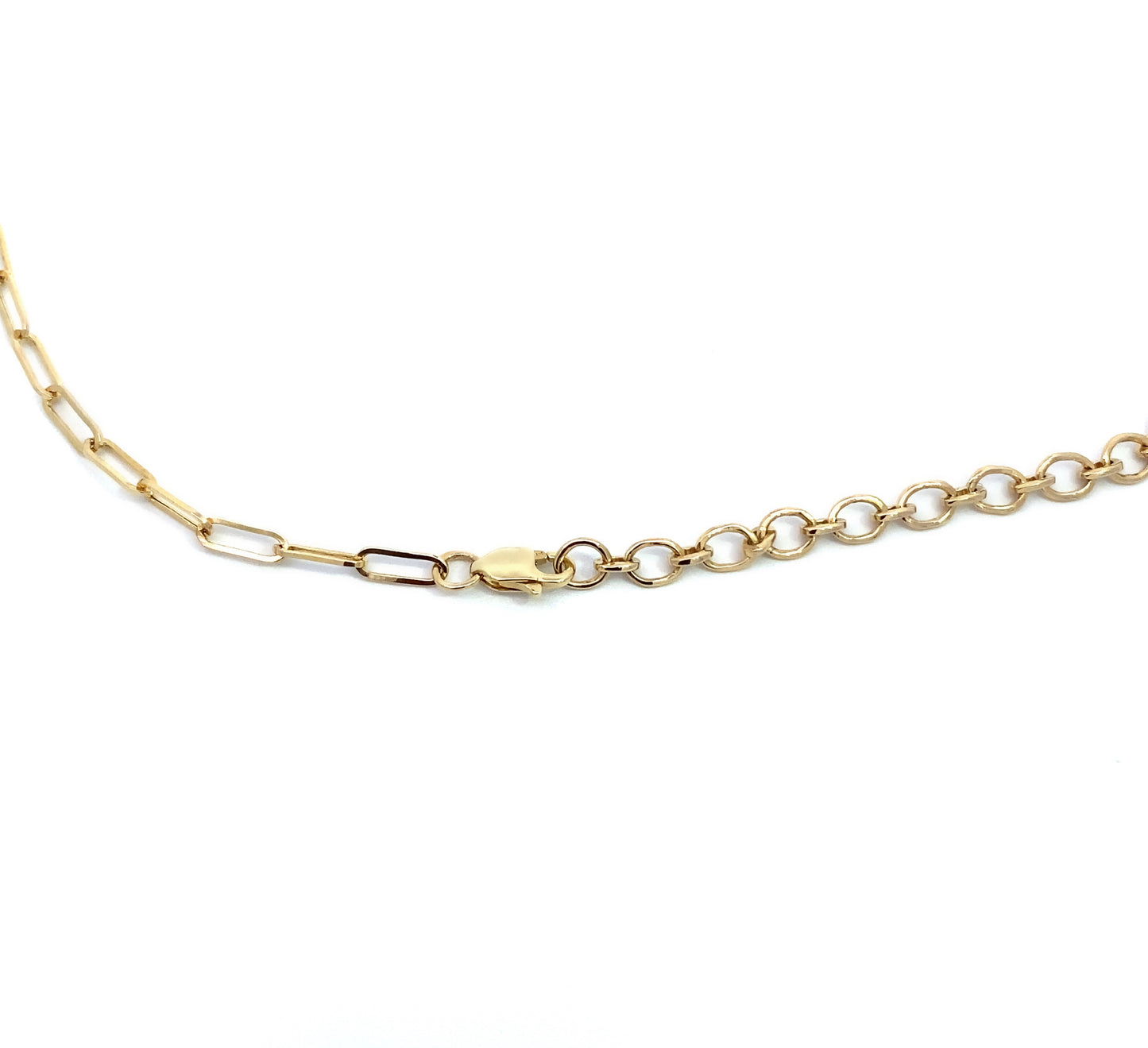 14K Solid Yellow Gold necklace with a green Emerald and diamond gemstone pendant on a white background. Trendy 14K yellow gold Paperclip necklace. 