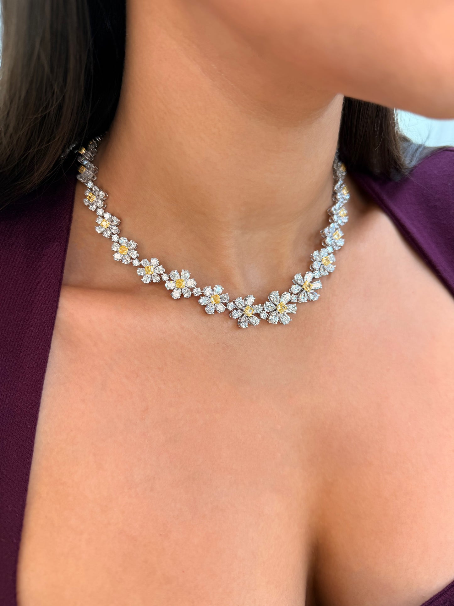 18K Solid White Gold Fancy Yellow and White Diamond Flower Necklace