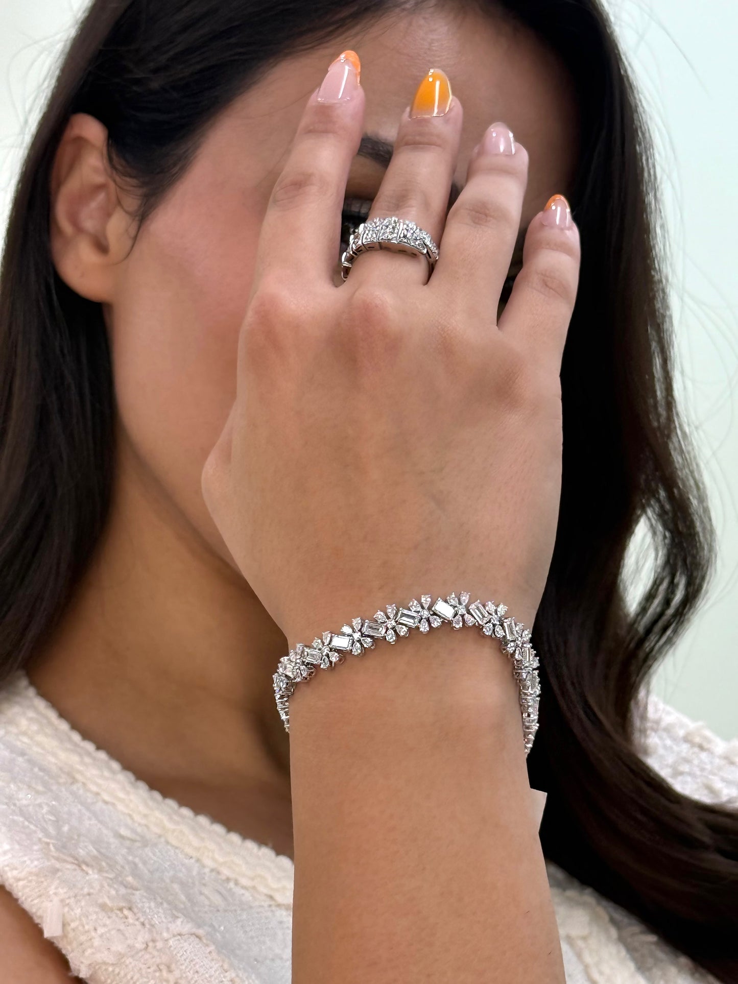 14K Solid White Gold Lab Grown Diamond Emerald Cut, Pear Shaped and Round Cluster Bracelet 