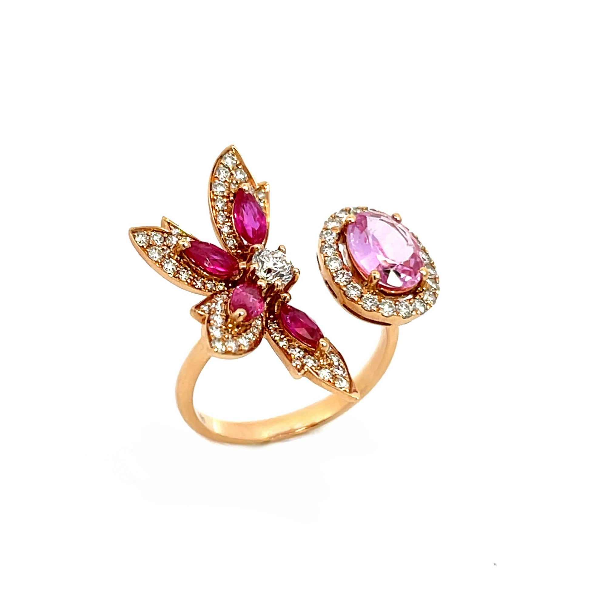 18K Rose Gold Natural Pink Sapphire and Diamond Open Statement Ring/ statement ring/ fancy diamond ring/ natural pink sapphire and diamond/ Oval Pink Sapphire ring/ Engagement Ring/ Fancy Diamond Ring/ Mon and Sun Ring/ Star Diamond Ring 