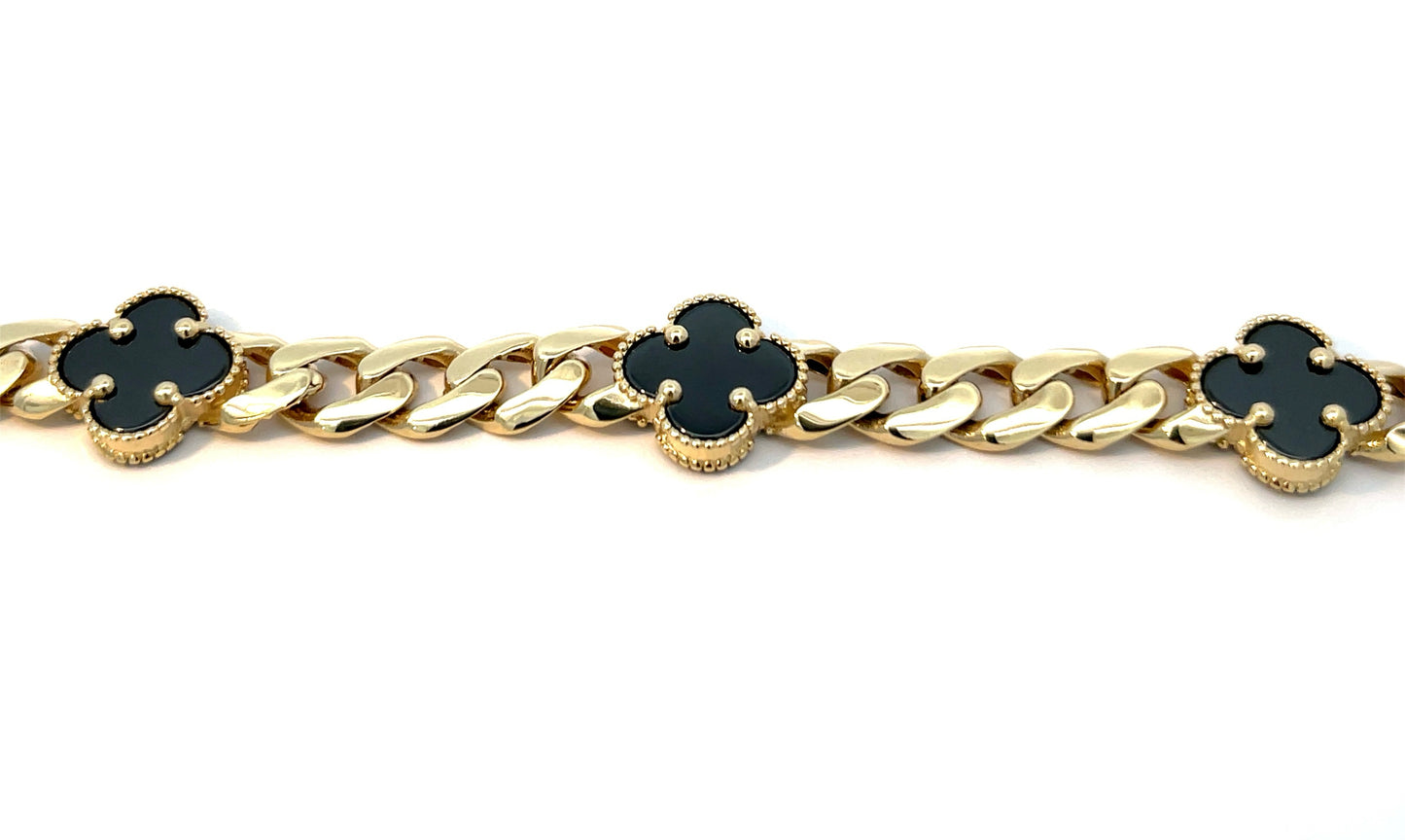 14K Yellow Gold Cuban Chain Black Clover Bracelet/ Cuban chain/ Cuban chain bracelet with diamonds/ Miami Cuban chain with diamonds and clovers/ black clover bracelet/ black clover Cuban bracelets/ white clover bracelet/ 