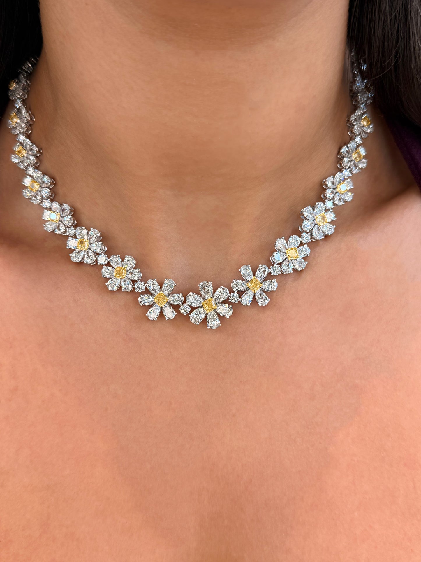 18K Solid White Gold Fancy Yellow and White Diamond Flower Necklace