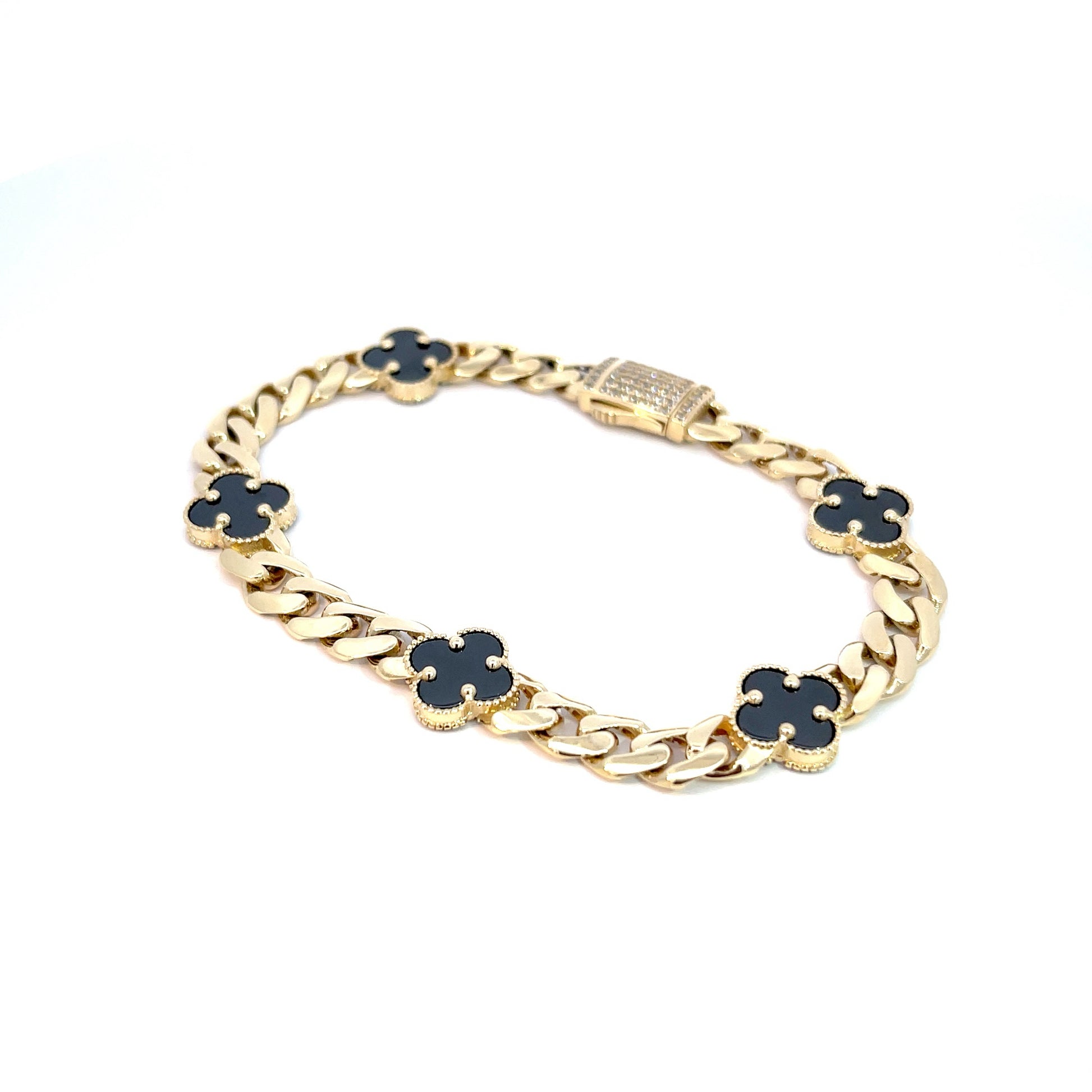 14K Yellow Gold Cuban Chain Black Clover Bracelet/ Cuban chain/ Cuban chain bracelet with diamonds/ Miami Cuban chain with diamonds and clovers/ black clover bracelet/ black clover Cuban bracelets/ white clover bracelet/ 