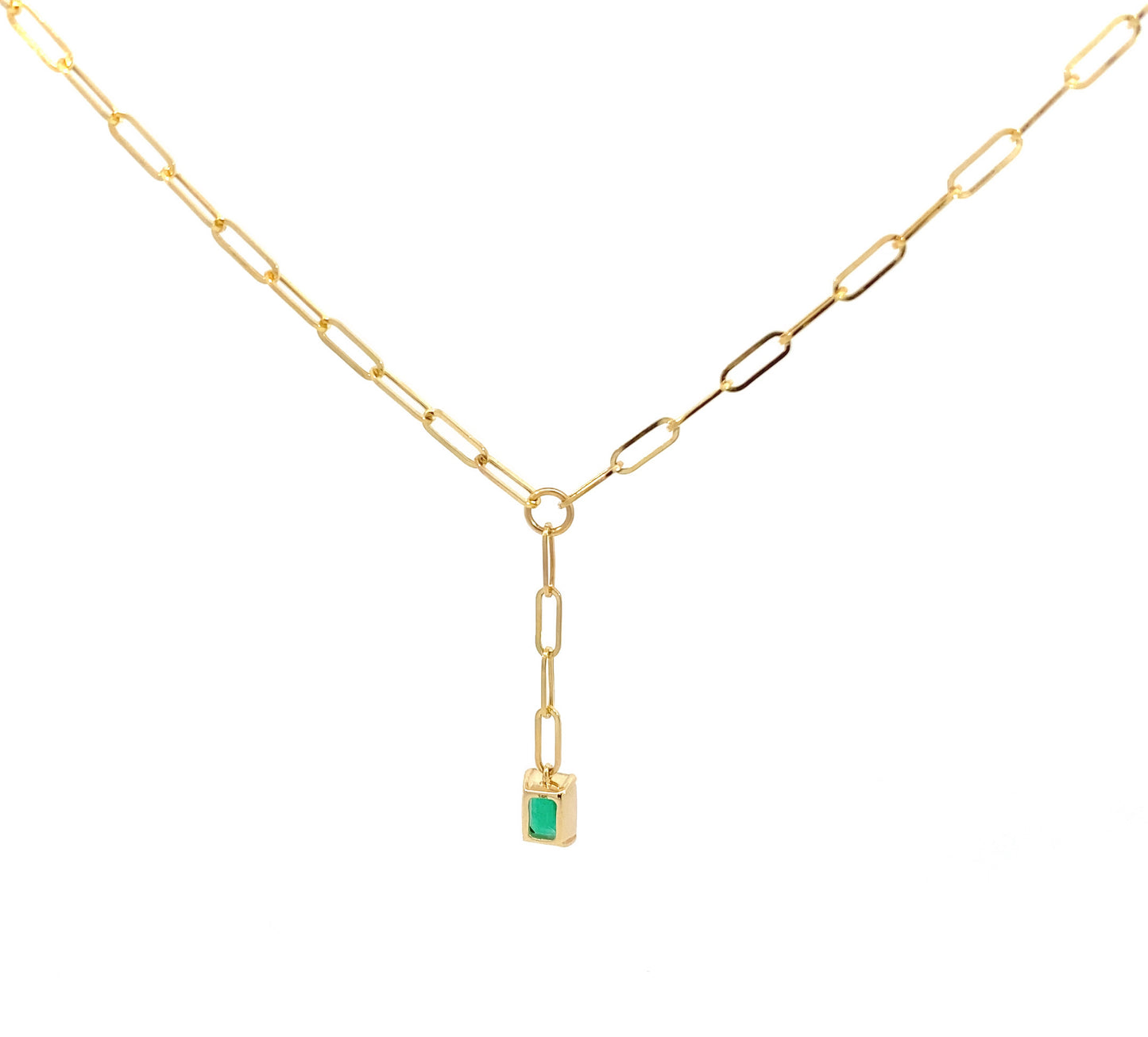 14K Yellow Gold Natural Emerald Gemstone Paperclip Lariat Necklace