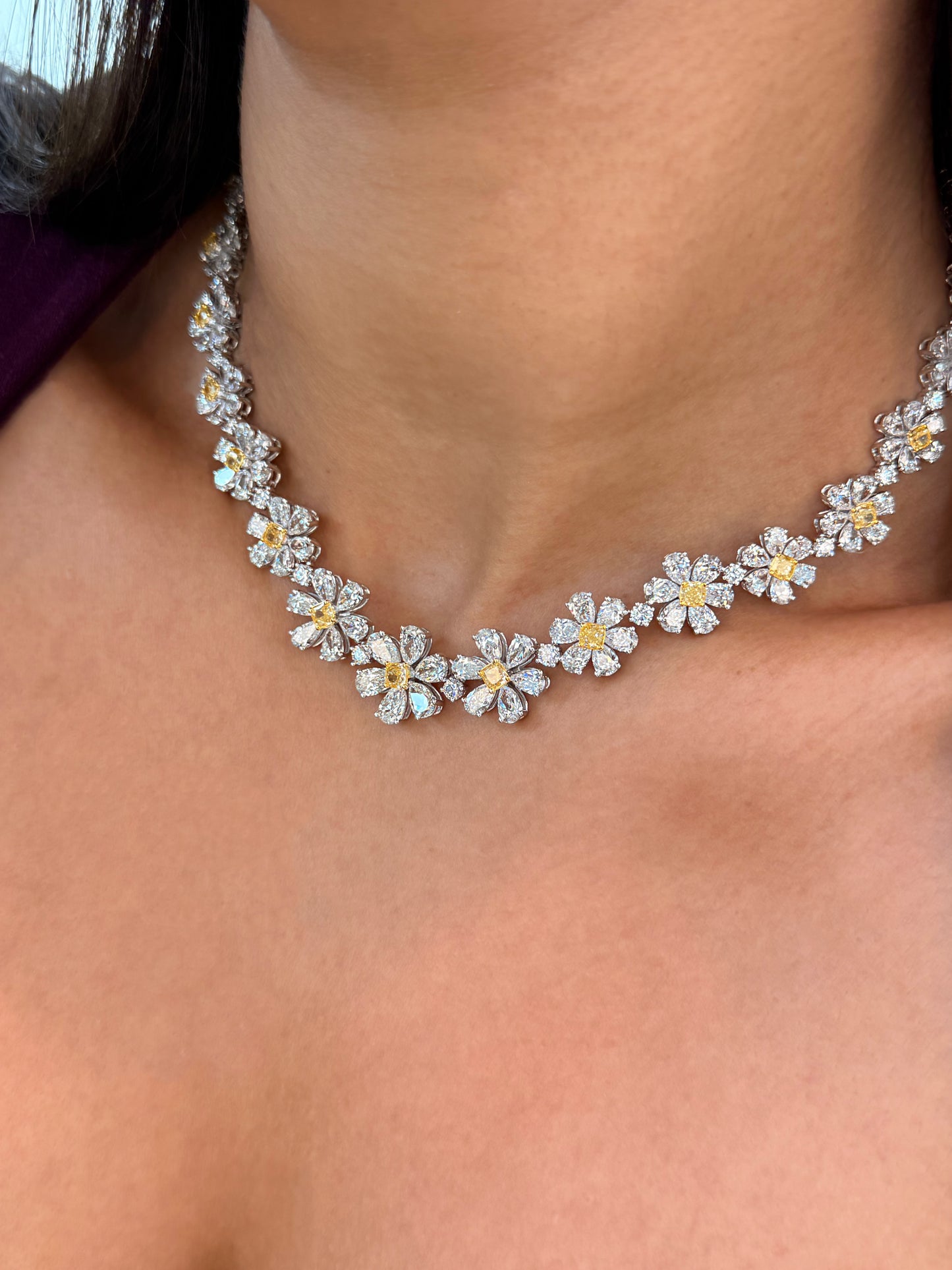 18K Solid White Gold Fancy Yellow and White Diamond Flower Necklace