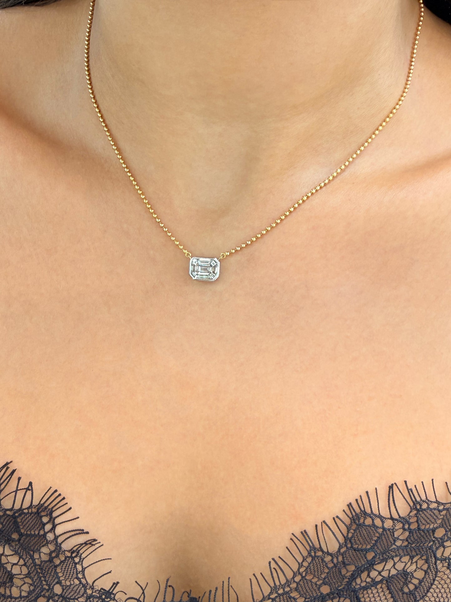 14K Solid Yellow Gold Beaded Chain with Baguette Diamond Pendant