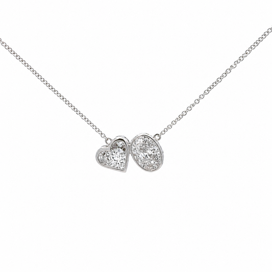 14K Solid White Gold Chain with Oval and Heart shape Baguette Diamond Pendant