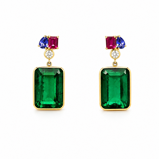 Fancy 14K Yellow Gold Tourmaline and Diamond Drop Earrings