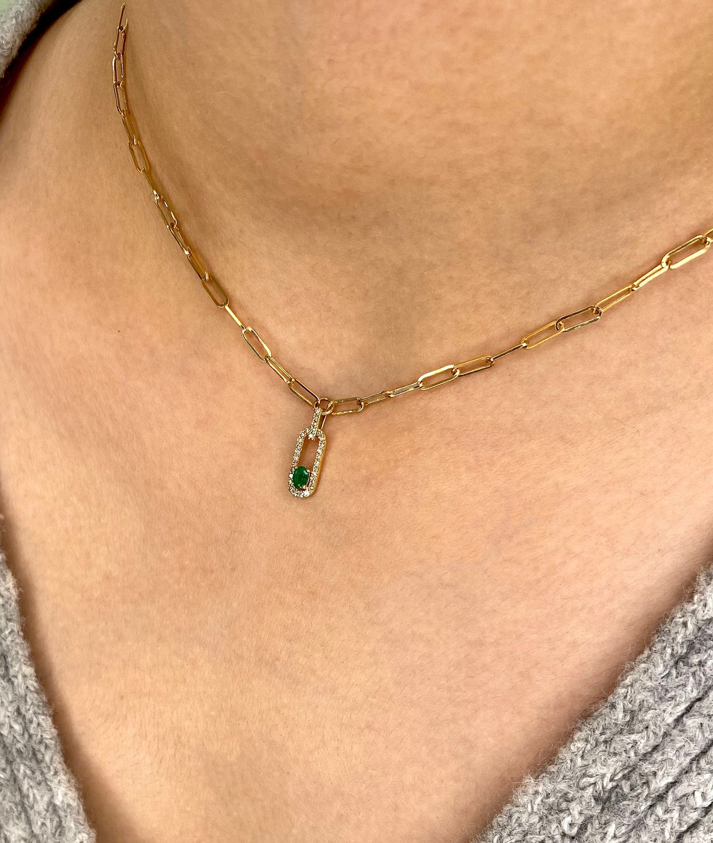 Trendy Diamond and Emerald Paperclip Necklace