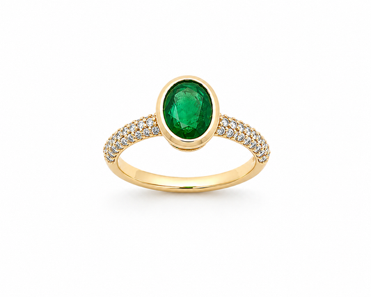 14K Solid Yellow Gold Green Emerald and Diamond Ring