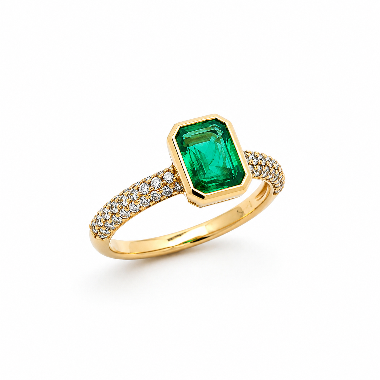 14K Solid Yellow Gold Green Emerald and Diamond Ring
