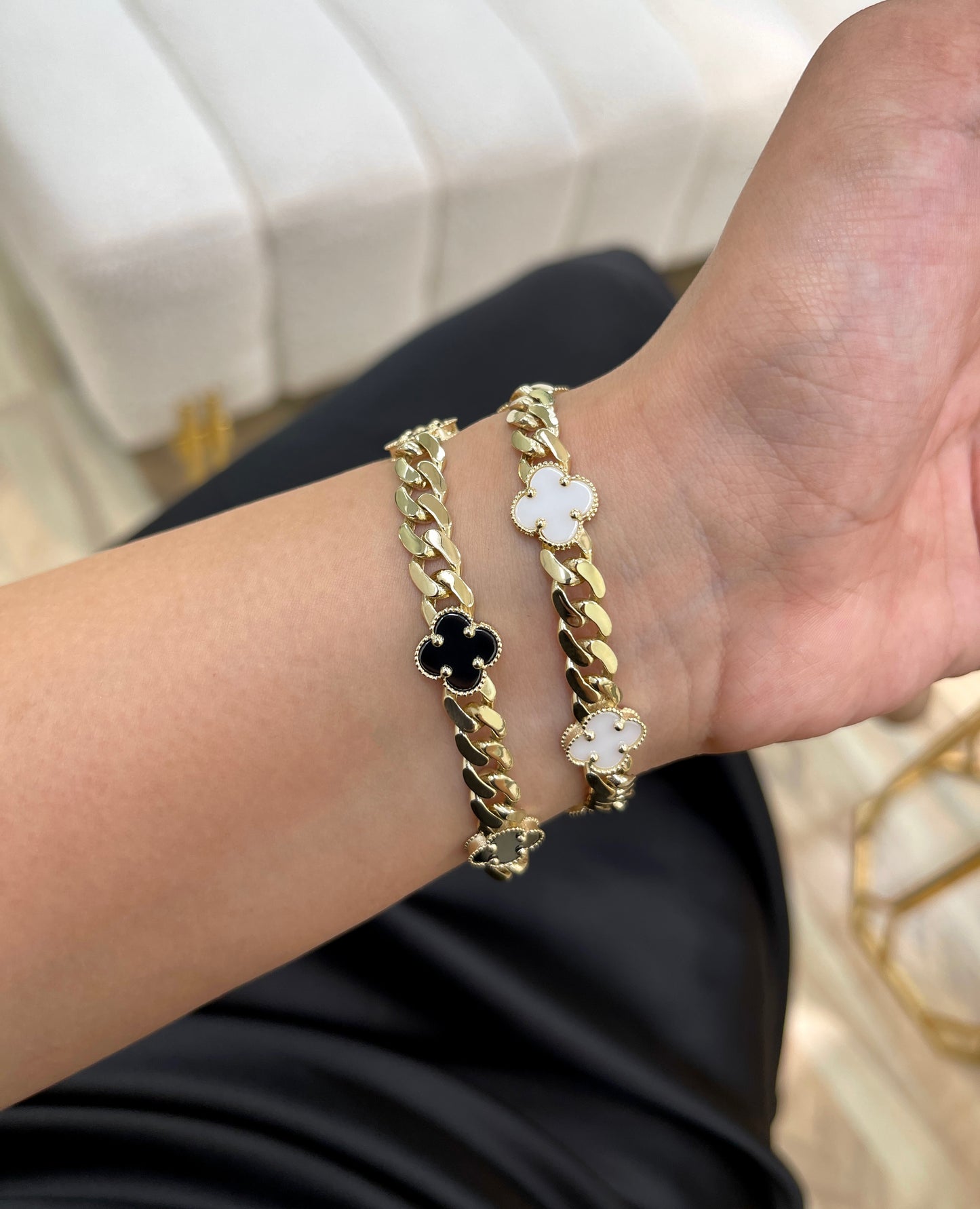 14K Yellow Gold Cuban Chain Black Clover Bracelet/ Cuban chain/ Cuban chain bracelet with diamonds/ Miami Cuban chain with diamonds and clovers/ black clover bracelet/ black clover Cuban bracelets/ white clover bracelet/ 