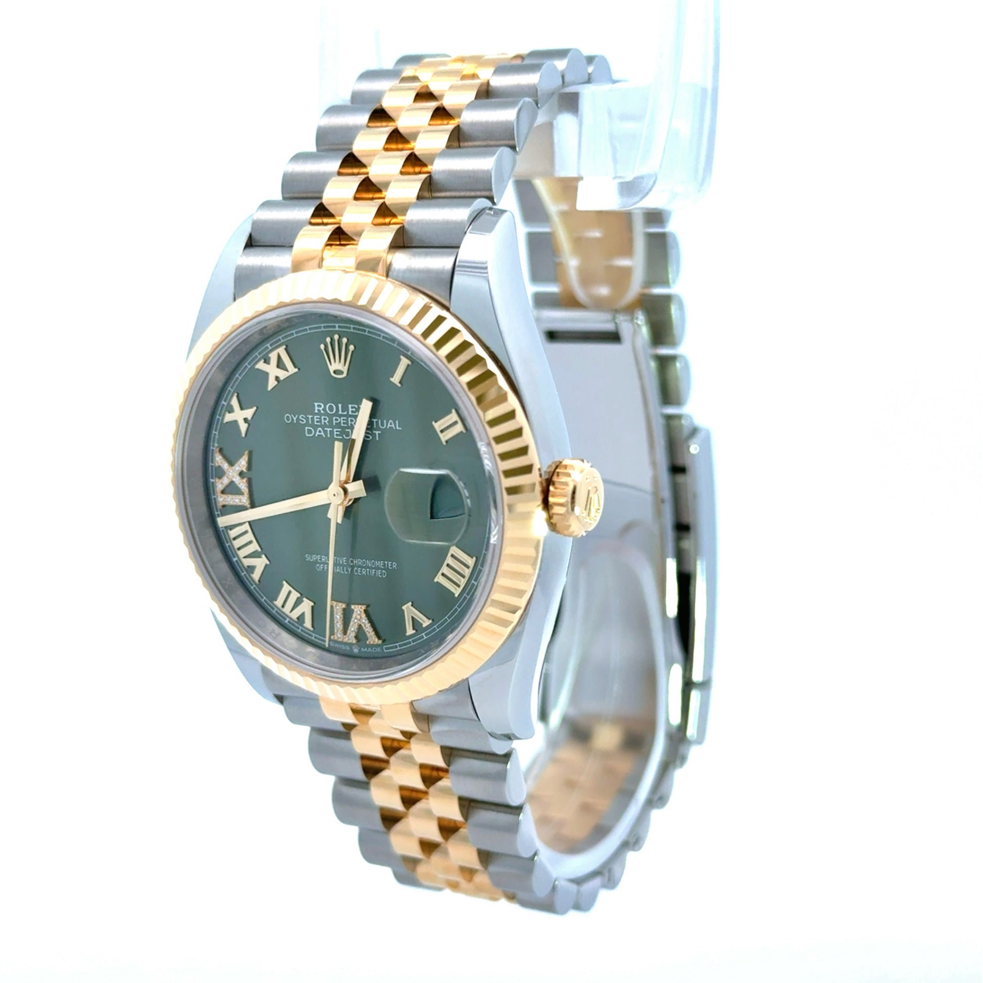 126233, Green Roman Numeral Diamond Dial 36mm Date-Just Rolex, Two Tone Yellow Gold and Stainless Steel Rolex. 