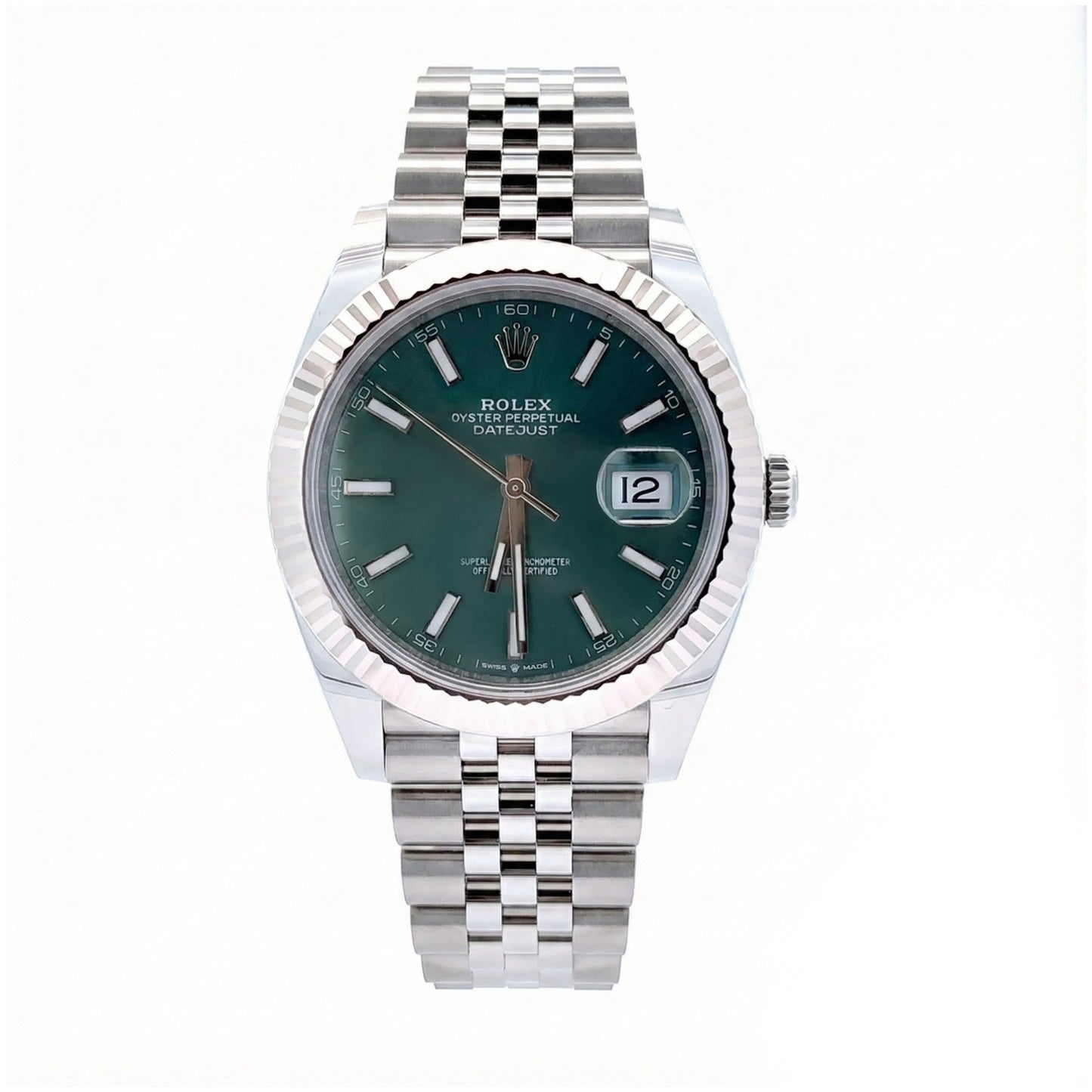 126334 ROLEX datejust 41mm New, Stainless Steel Jubilee band with 18K White gold fluted bezel. Green index dial. Mint green dial. Date just II. 