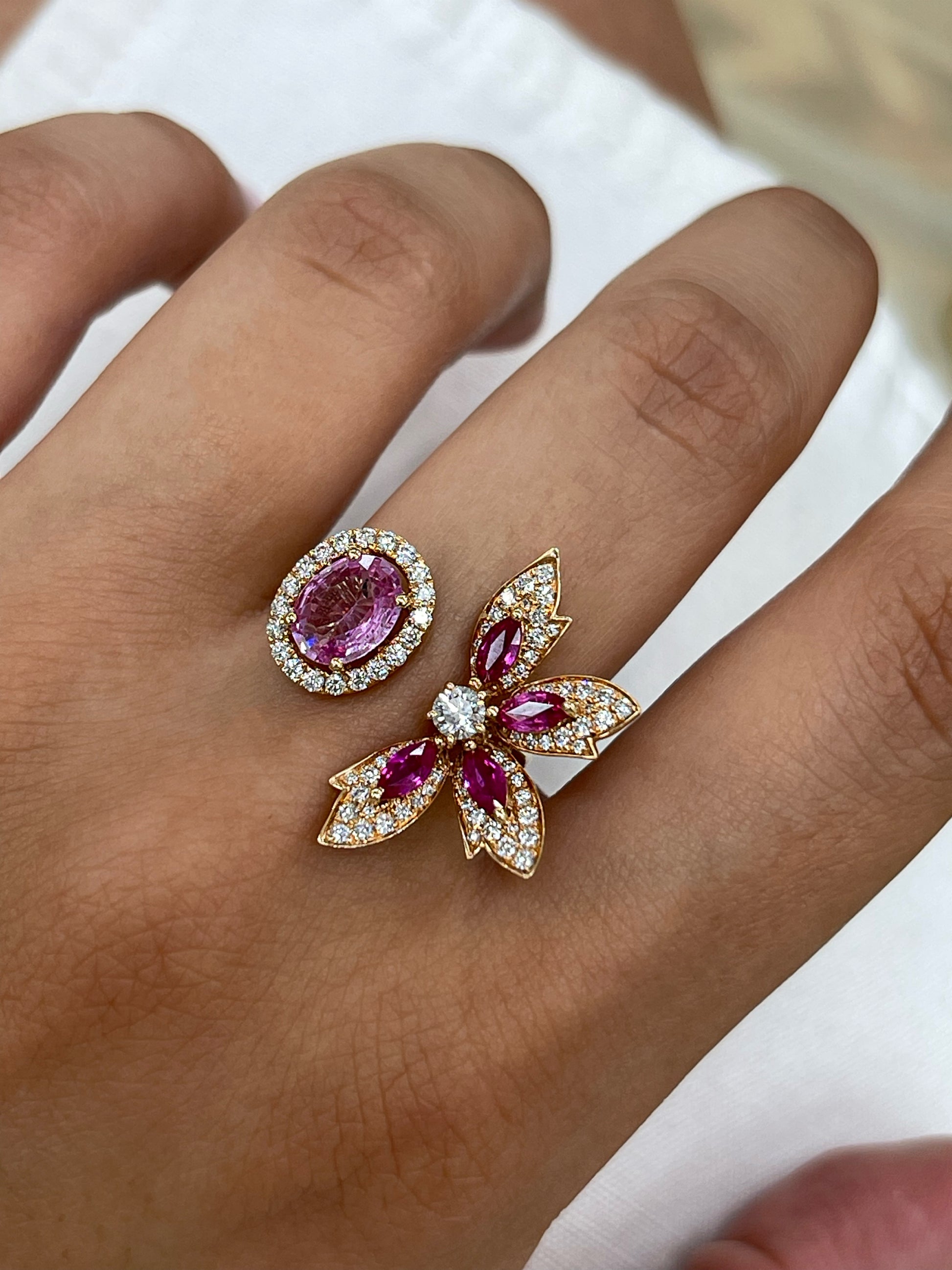 18K Rose Gold Natural Pink Sapphire and Diamond Open Statement Ring/ statement ring/ fancy diamond ring/ natural pink sapphire and diamond/ Oval Pink Sapphire ring/ Engagement Ring/ Fancy Diamond Ring/ Mon and Sun Ring/ Star Diamond Ring 