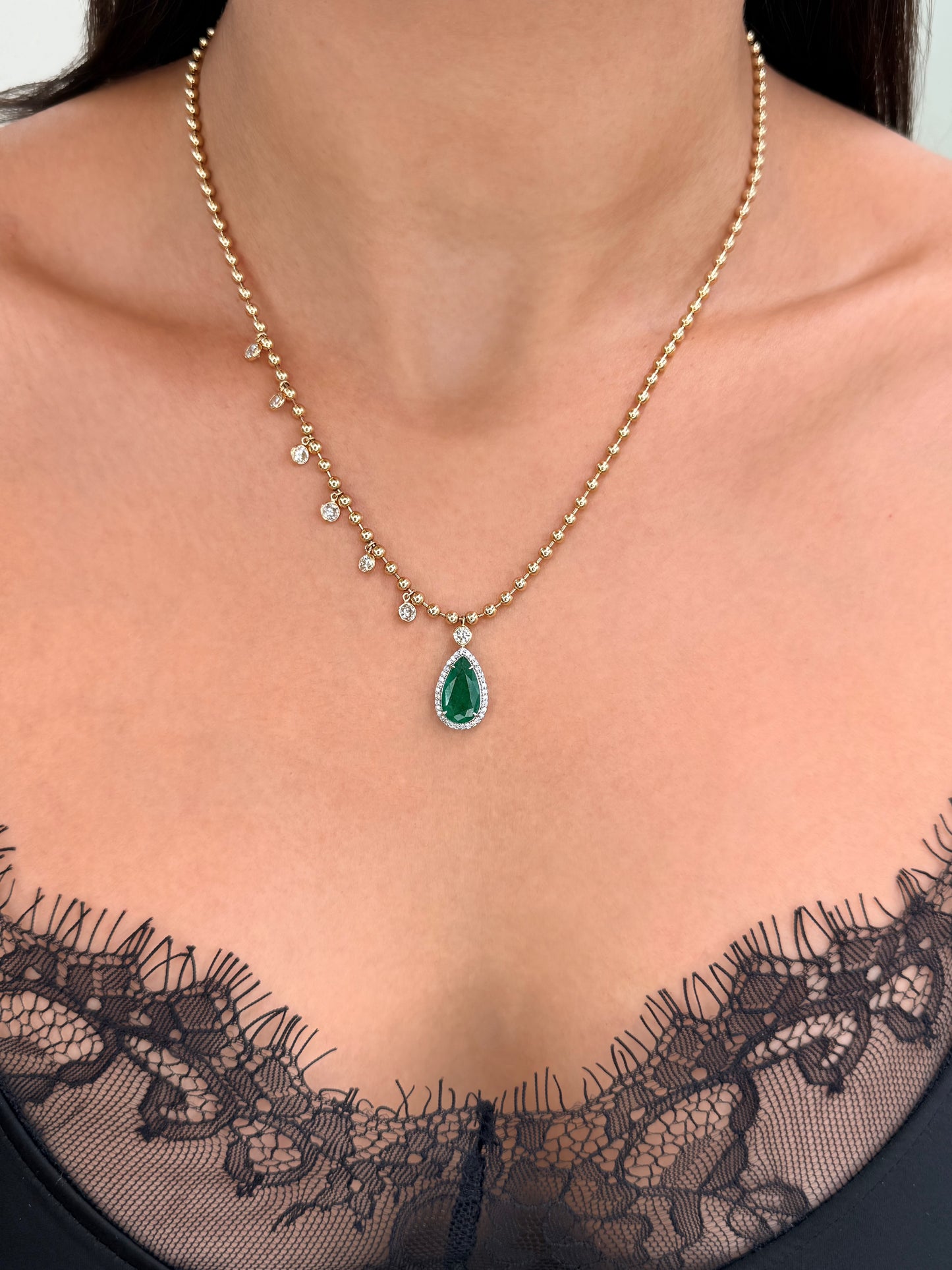 14K Solid Yellow Gold Beaded Chain with Pear Shaped Green Emerald and Dangling Diamonds