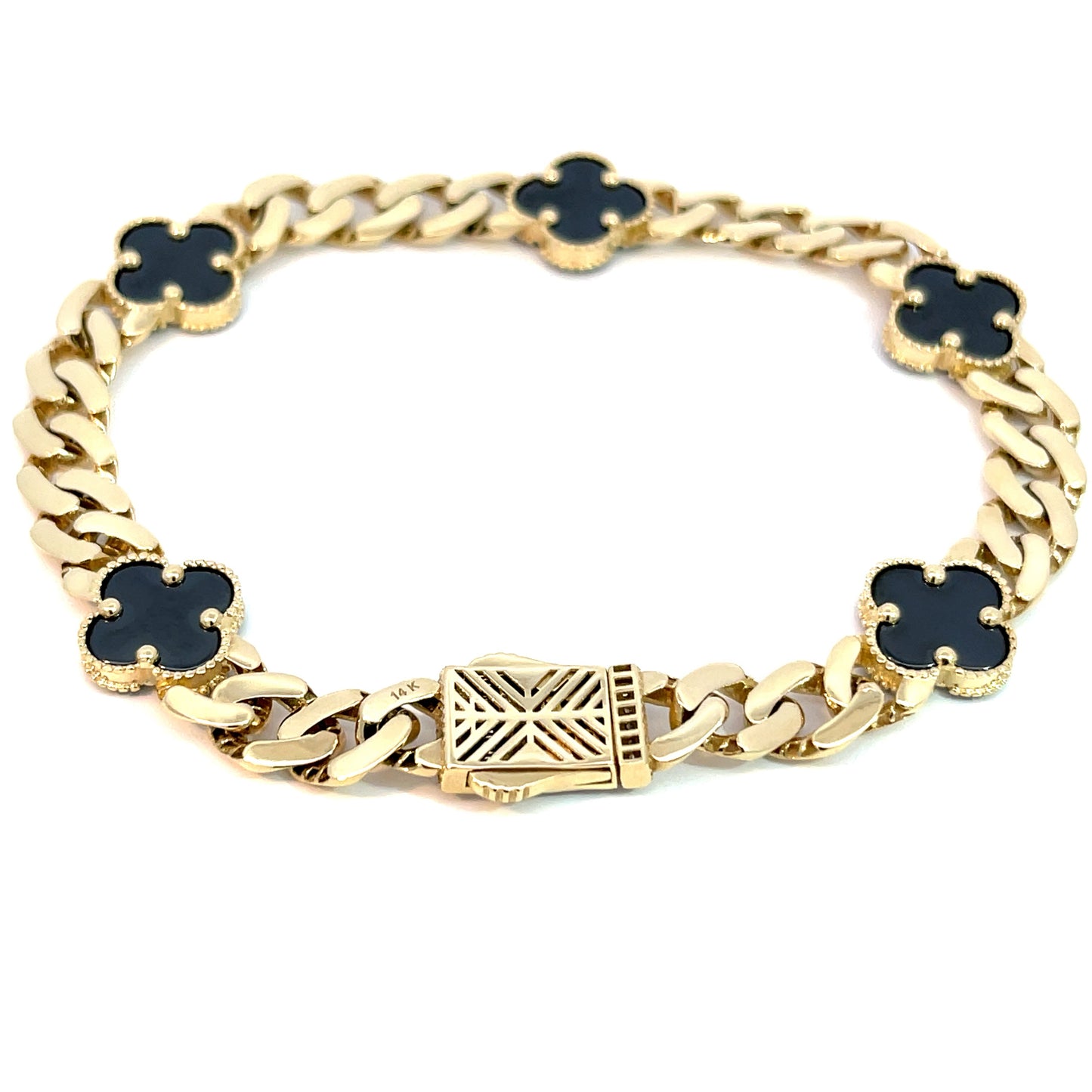 14K Yellow Gold Cuban Chain Black Clover Bracelet/ Cuban chain/ Cuban chain bracelet with diamonds/ Miami Cuban chain with diamonds and clovers/ black clover bracelet/ black clover Cuban bracelets/ white clover bracelet/ 