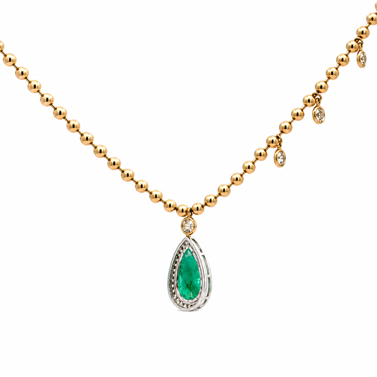 14K Solid Yellow Gold Beaded Chain with Pear Shaped Green Emerald and Dangling Diamonds