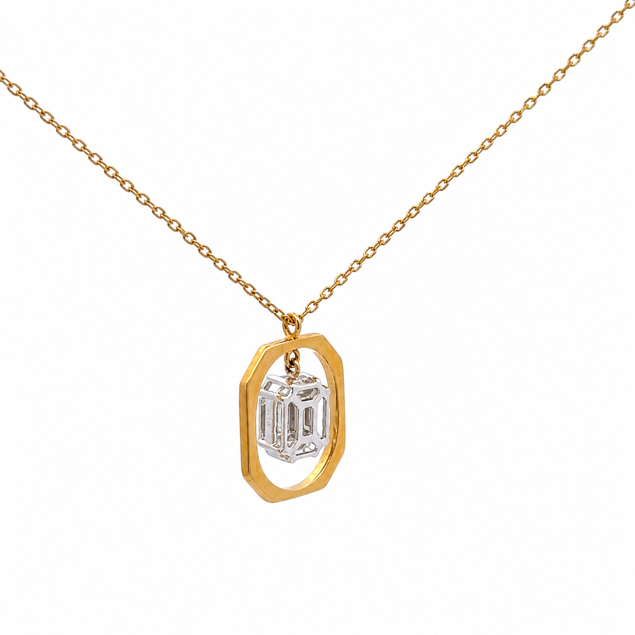 14K Solid Yellow Gold Chain with Baguette Diamond Pendant