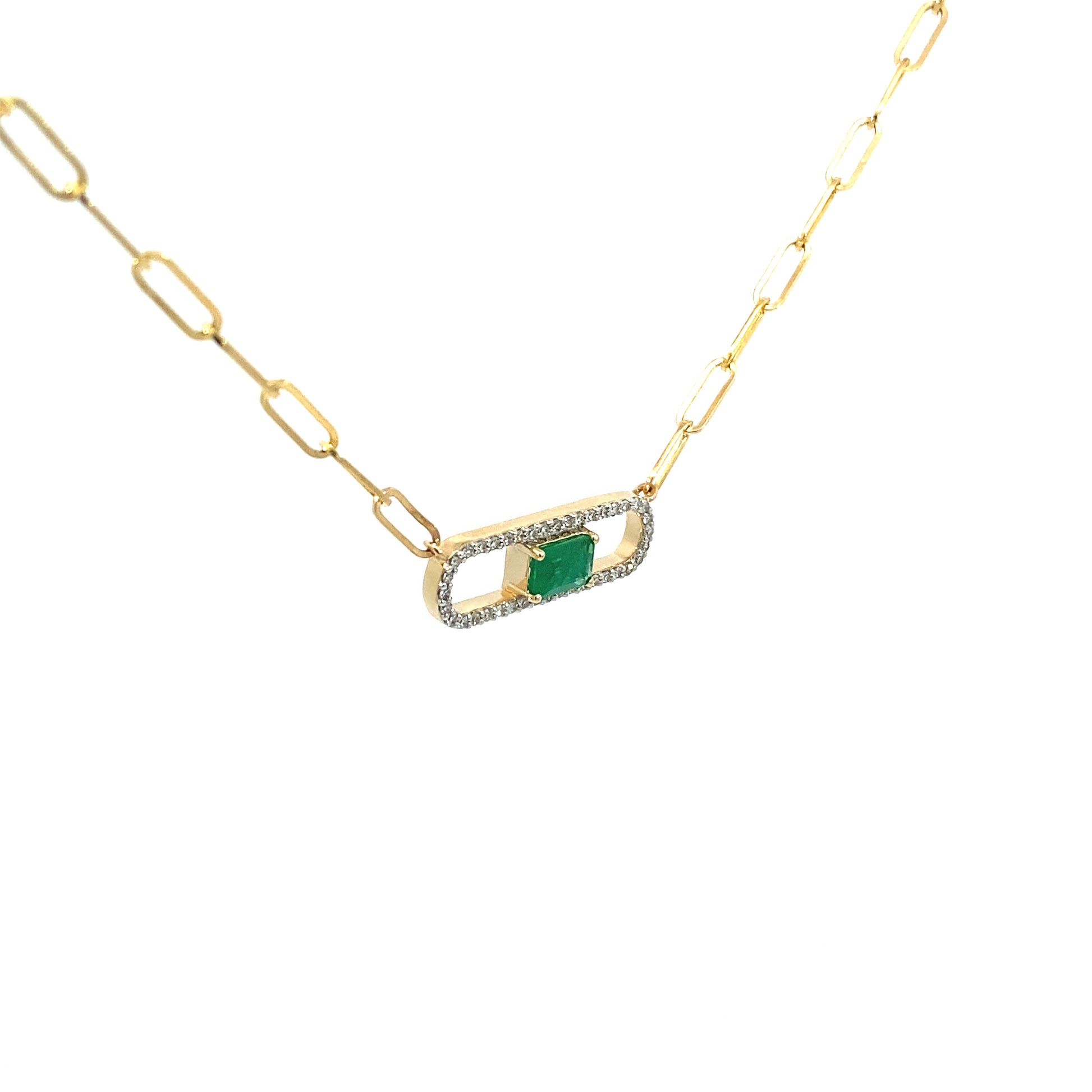 14K Solid Yellow Gold necklace with a green Emerald and diamond gemstone pendant on a white background. Trendy 14K yellow gold Paperclip necklace. 