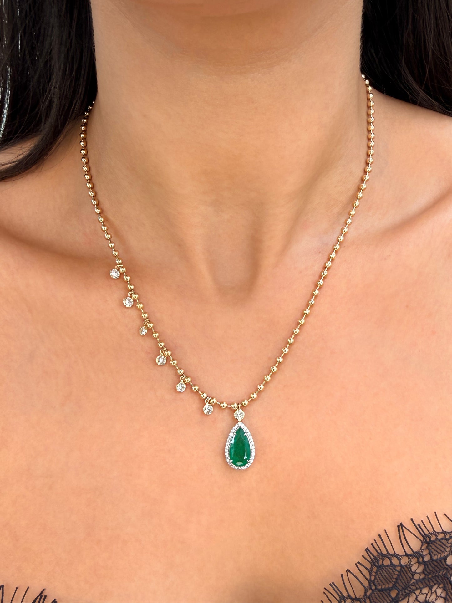 14K Solid Yellow Gold Beaded Chain with Pear Shaped Green Emerald and Dangling Diamonds