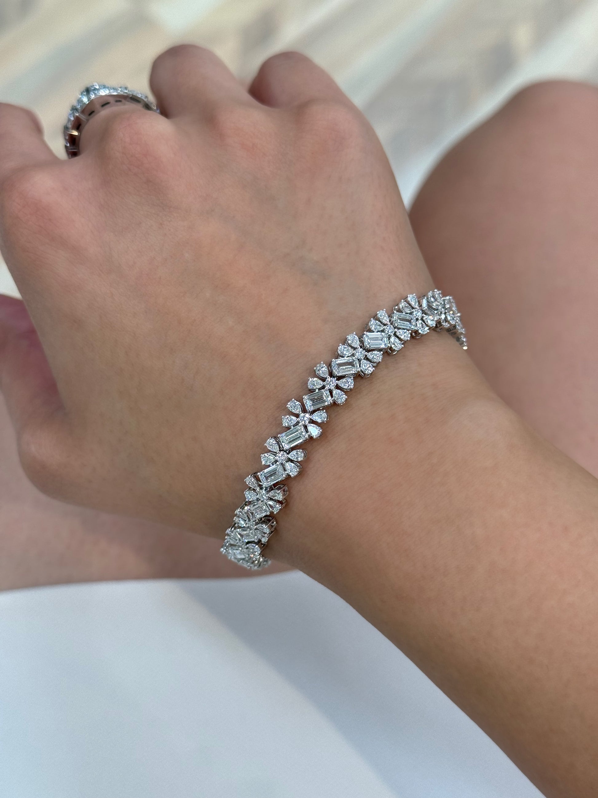 14K Solid White Gold Lab Grown Diamond Emerald Cut, Pear Shaped and Round Cluster Bracelet 