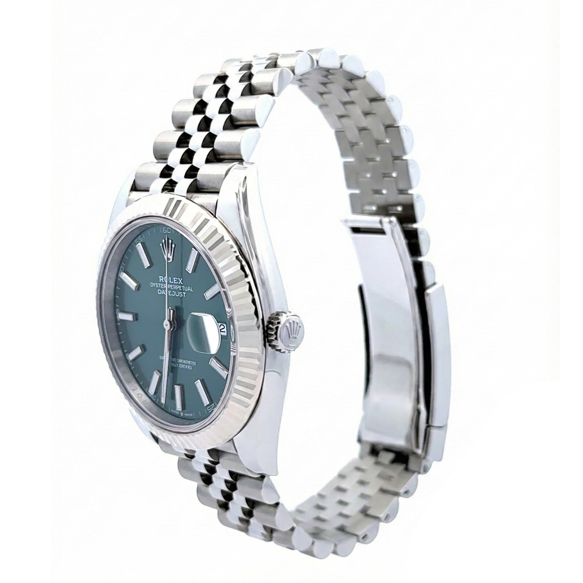 126334 ROLEX datejust 41mm New, Stainless Steel Jubilee band with 18K White gold fluted bezel. Green index dial. Mint green dial. Date just II. 
