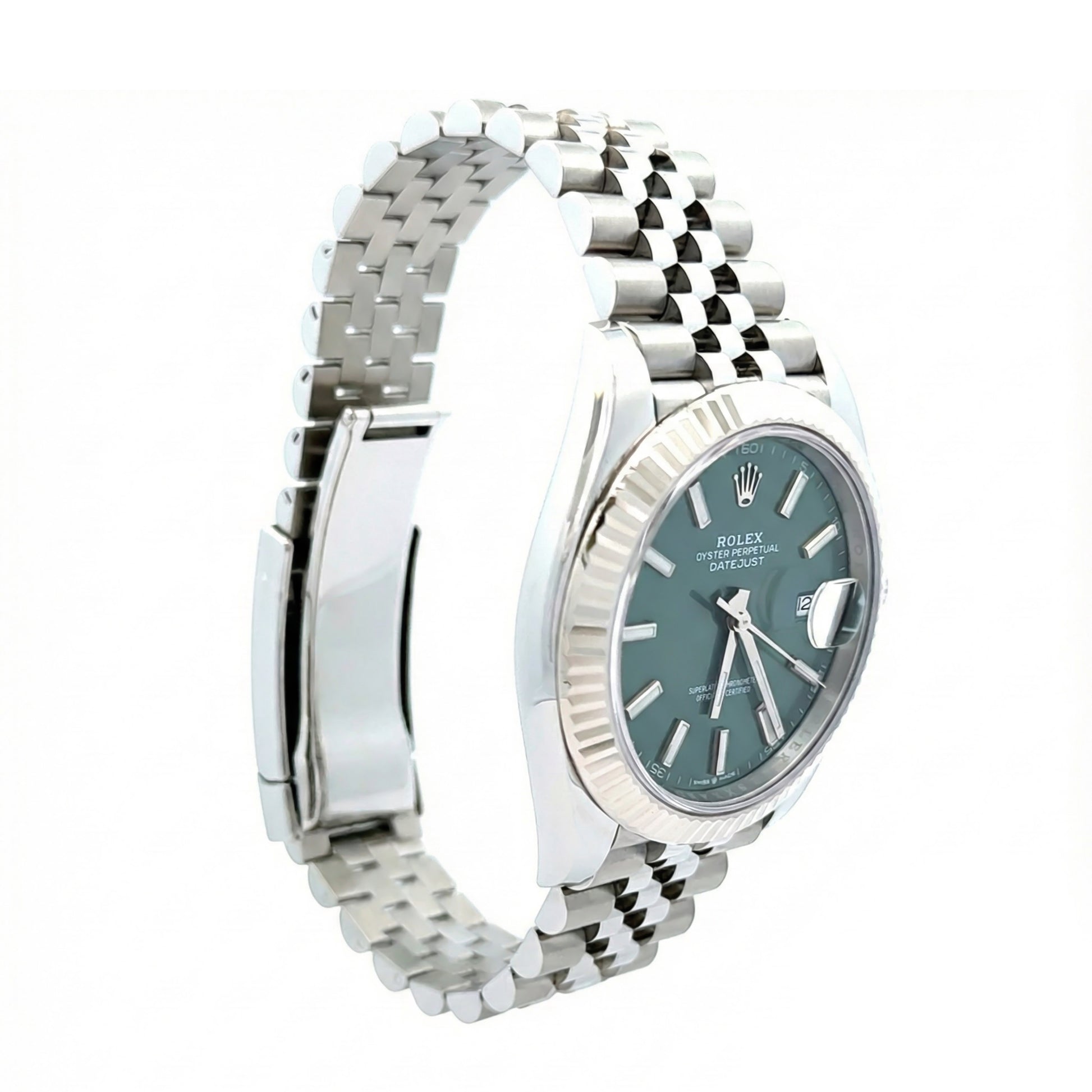 126334 ROLEX datejust 41mm New, Stainless Steel Jubilee band with 18K White gold fluted bezel. Green index dial. Mint green dial. Date just II. 