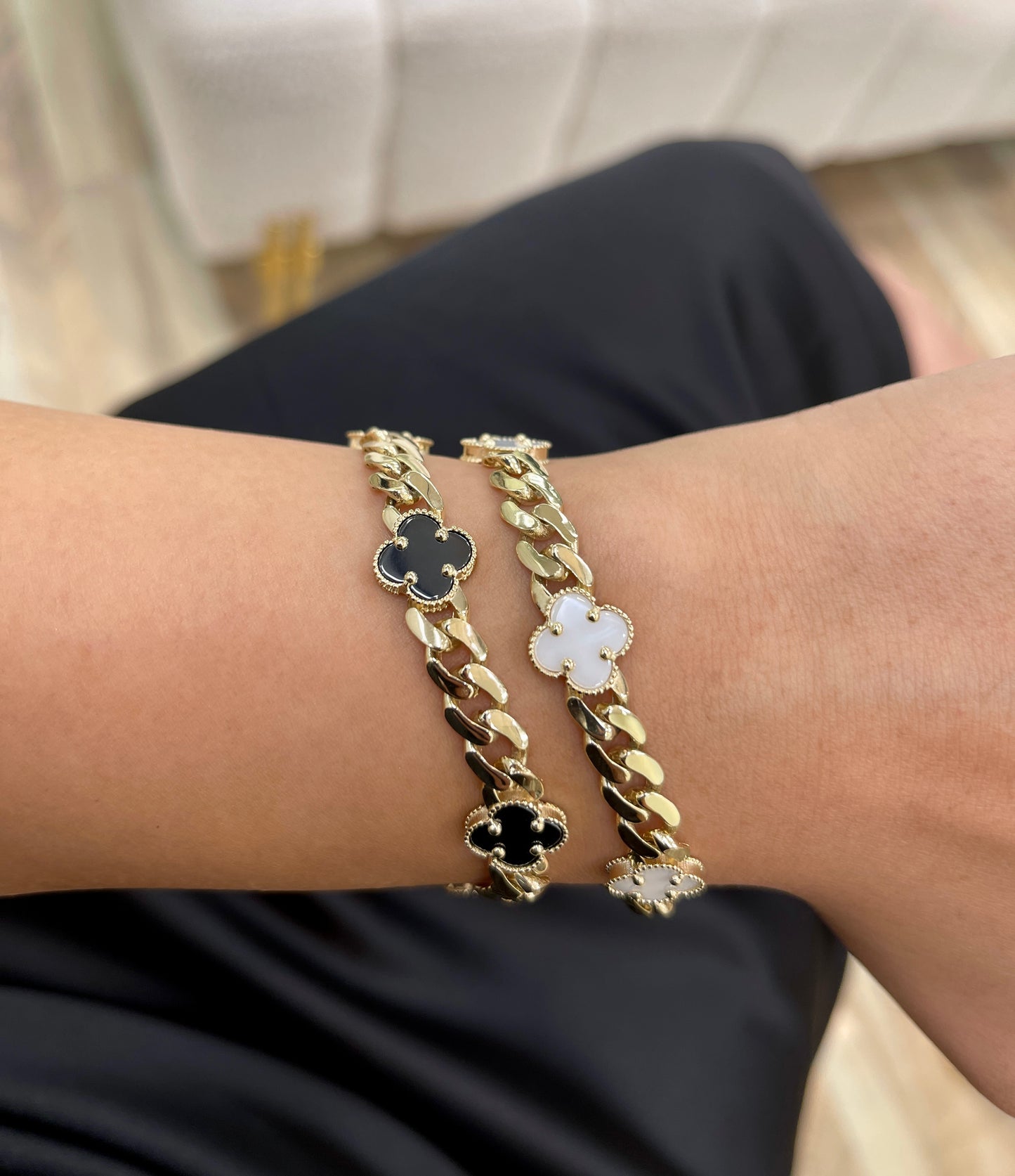 14K Yellow Gold Cuban Chain Black Clover Bracelet/ Cuban chain/ Cuban chain bracelet with diamonds/ Miami Cuban chain with diamonds and clovers/ black clover bracelet/ black clover Cuban bracelets/ white clover bracelet/ 