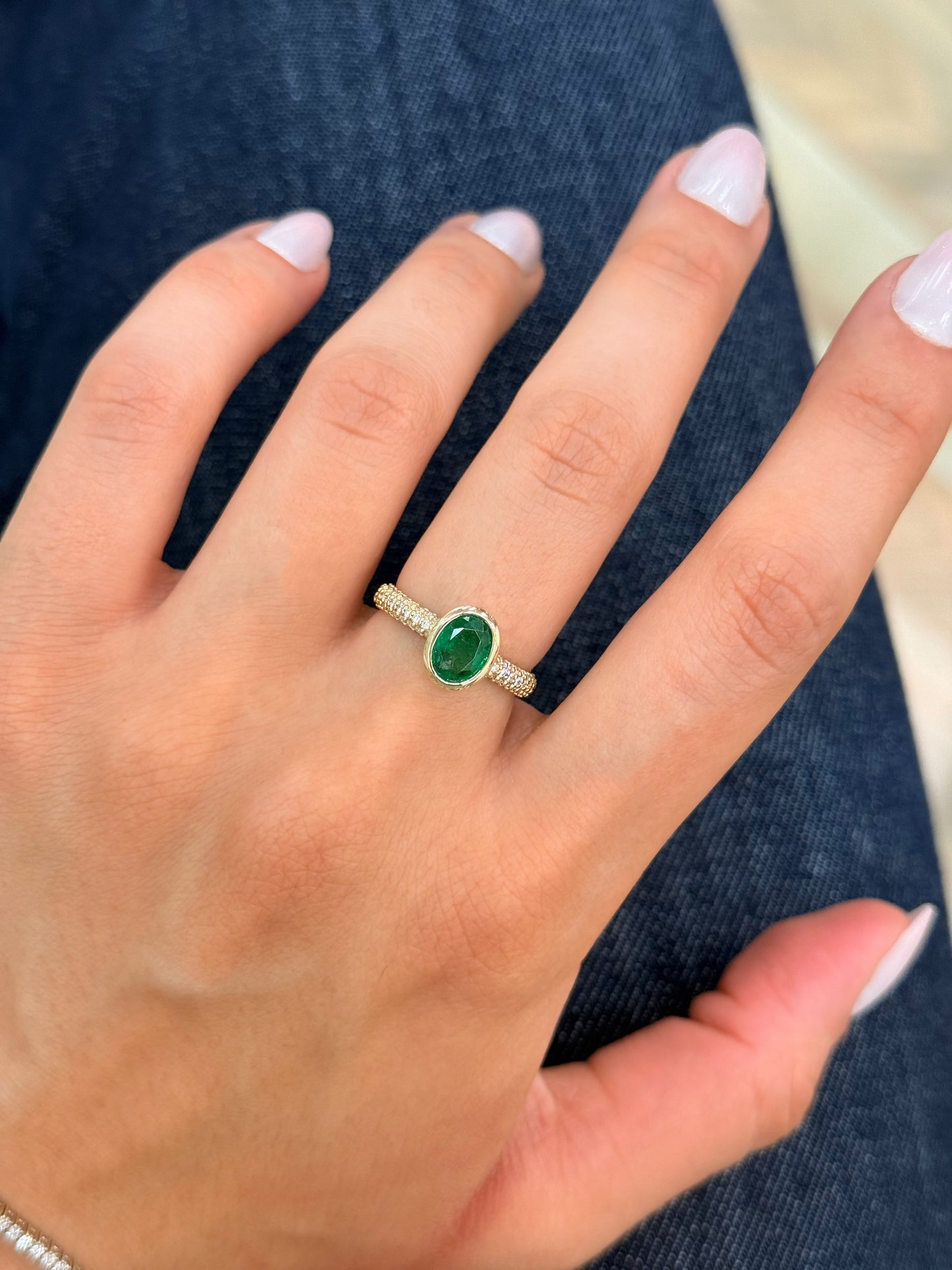 14K Solid Yellow Gold Green Emerald and Diamond Ring