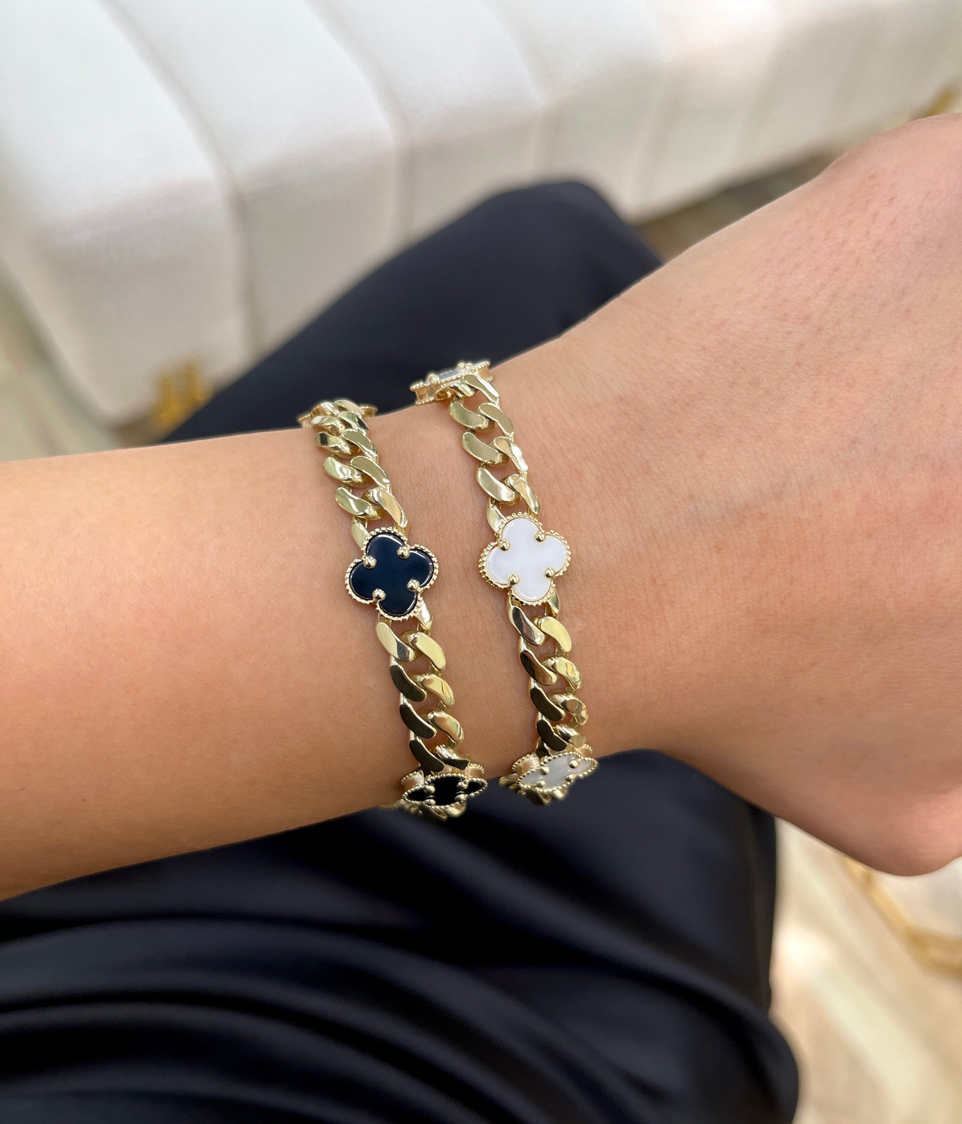 14K Yellow Gold Cuban Chain Black Clover Bracelet/ Cuban chain/ Cuban chain bracelet with diamonds/ Miami Cuban chain with diamonds and clovers/ black clover bracelet/ black clover Cuban bracelets/ white clover bracelet/ 