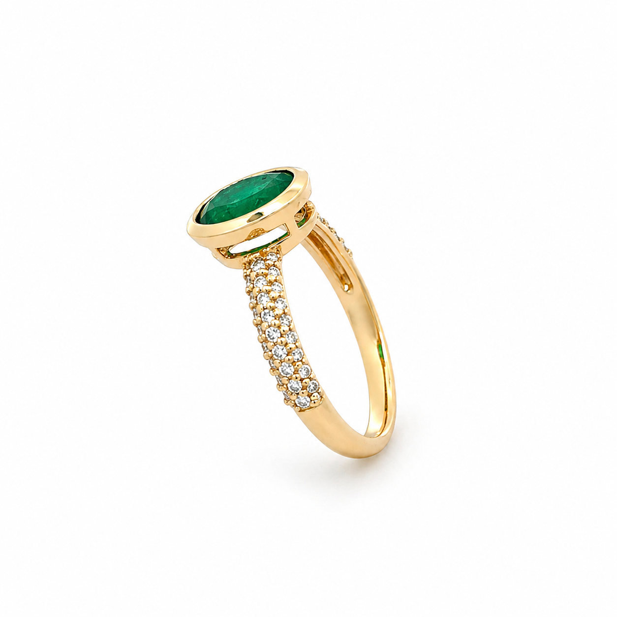 14K Solid Yellow Gold Green Emerald and Diamond Ring