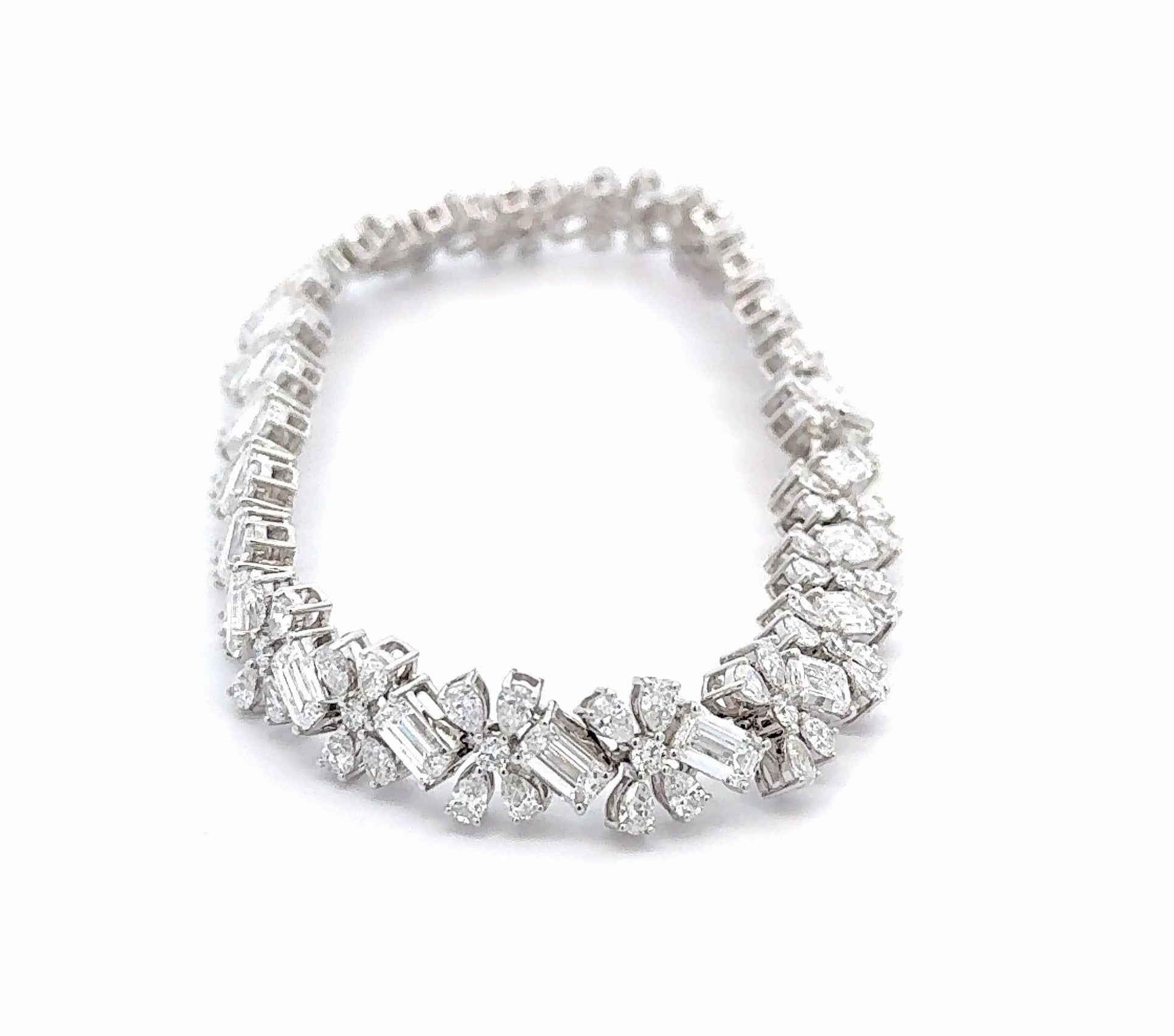 14K Solid White Gold Lab Grown Diamond Emerald Cut, Pear Shaped and Round Cluster Bracelet 