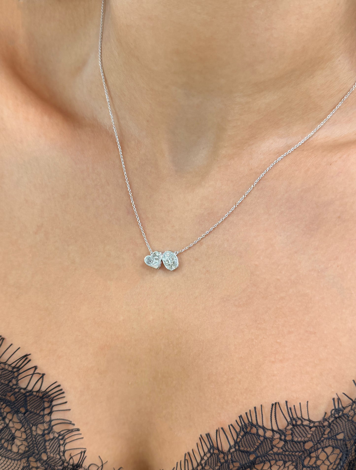14K Solid White Gold Chain with Oval and Heart shape Baguette Diamond Pendant