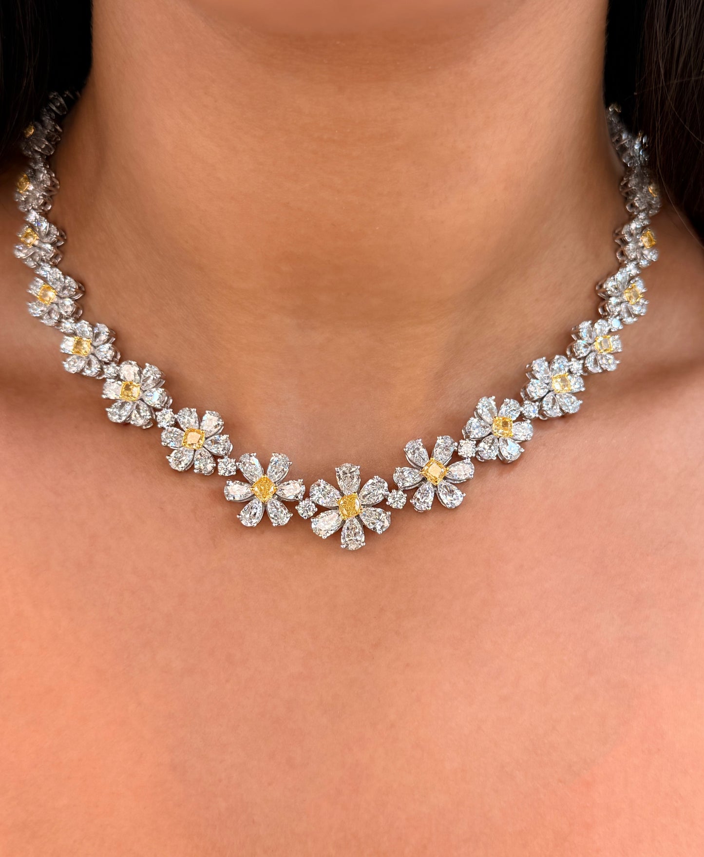 18K Solid White Gold Fancy Yellow and White Diamond Flower Necklace