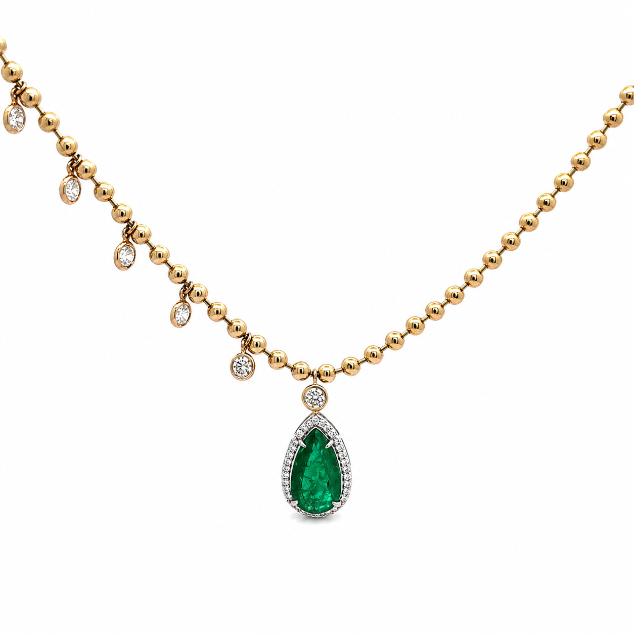 14K Solid Yellow Gold Beaded Chain with Pear Shaped Green Emerald and Dangling Diamonds