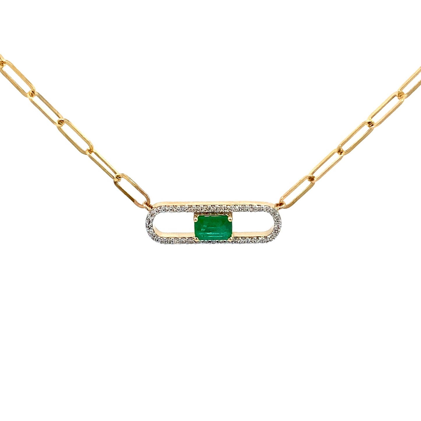 14K Solid Yellow Gold necklace with a green Emerald and diamond gemstone pendant on a white background. Trendy 14K yellow gold Paperclip necklace. 