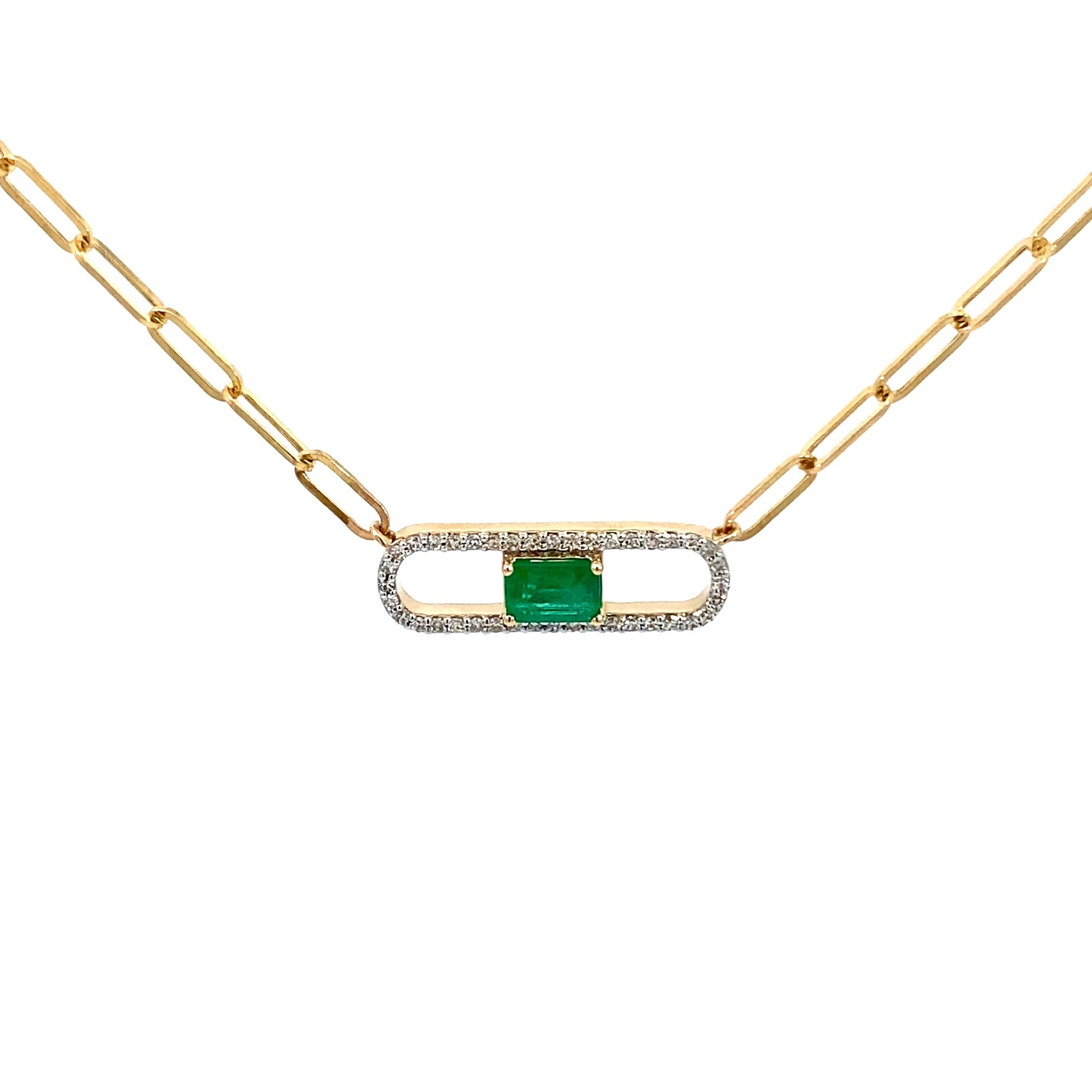 14K Solid Yellow Gold necklace with a green Emerald and diamond gemstone pendant on a white background. Trendy 14K yellow gold Paperclip necklace. 